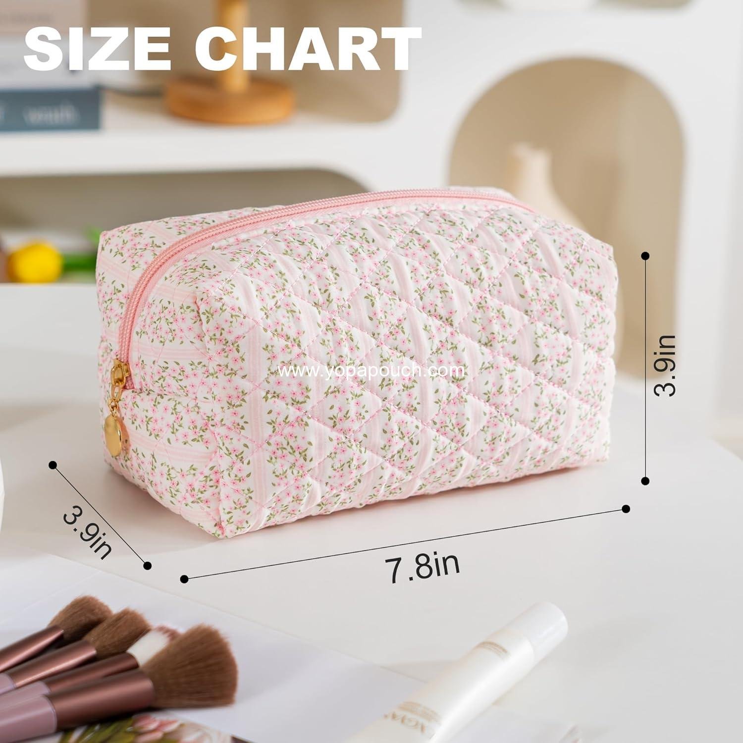 Wholesale Small Floral Makeup Bag - Quilted Cotton Travel Toiletry Pouch for Women, Cute Cosmetic Purse, Emergency School Accessory, Pastel Pink Supplier