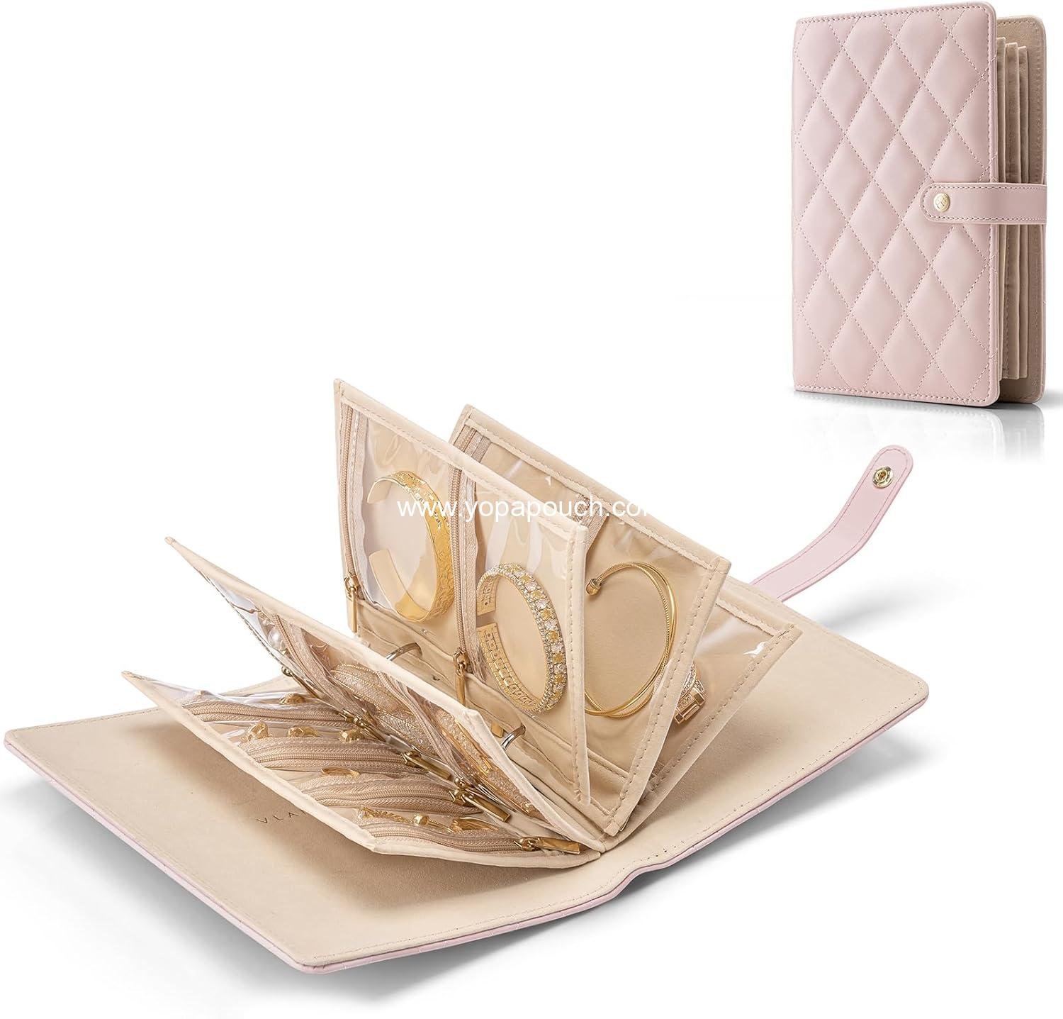 Vlando Travel Jewelry Case,Graduation Gifts,Jewelry Organizer Box with Clear Zipper Velvet Jewelry Pouch Bag, PU Leather Jewelry Case,Gift for Women-Pink