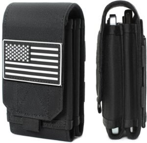 Tactical Molle EDC Phone Pouch Universal Dual Mobile Phone Holster Holder with US Flag Patch (Black)