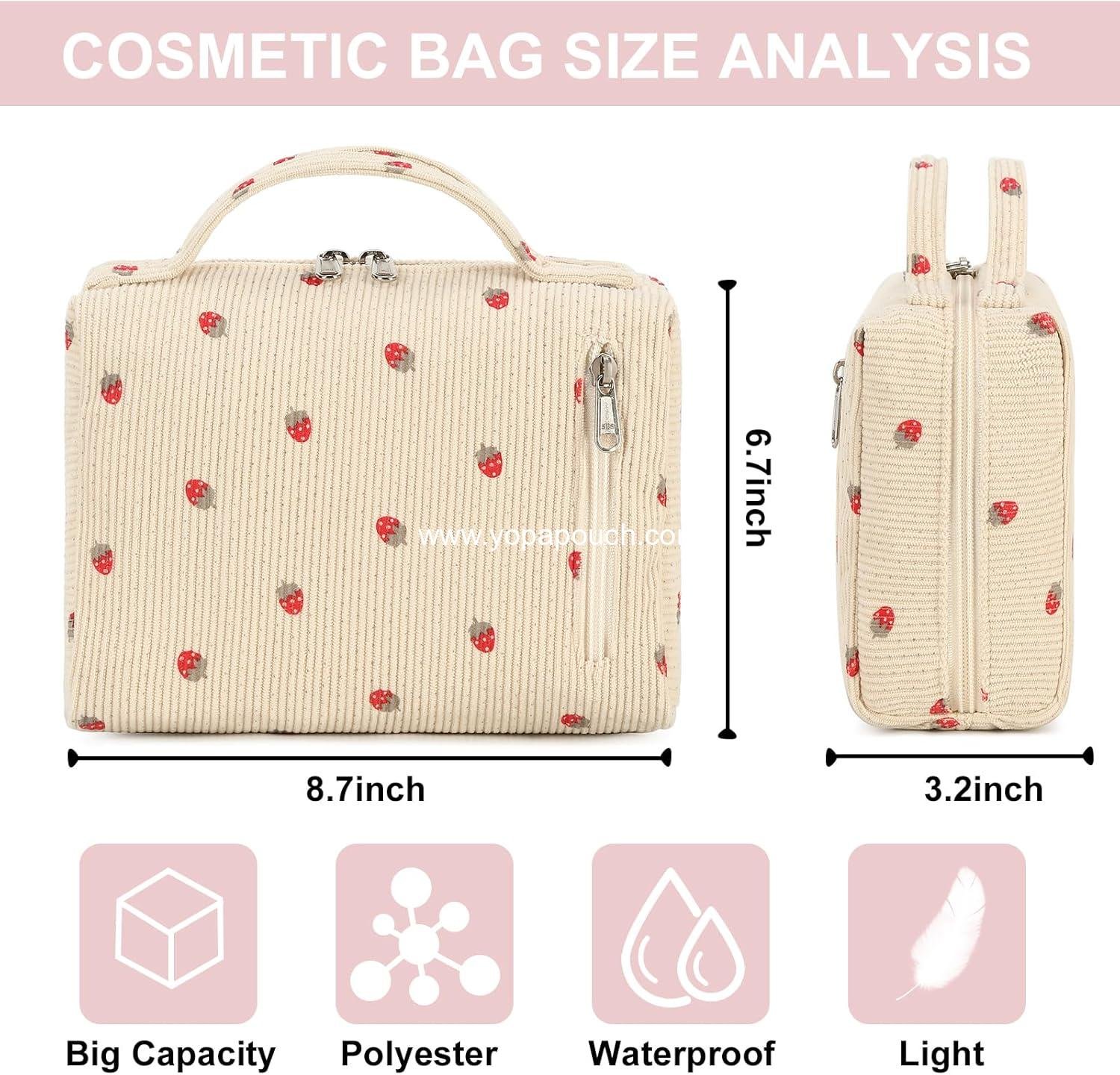 Wholesale Portable Cosmetic Bag Organizer for Women and Girls - Zipper Pouch Travel Toiletry Bag in Strawberry Corduroy Beige - Supplier