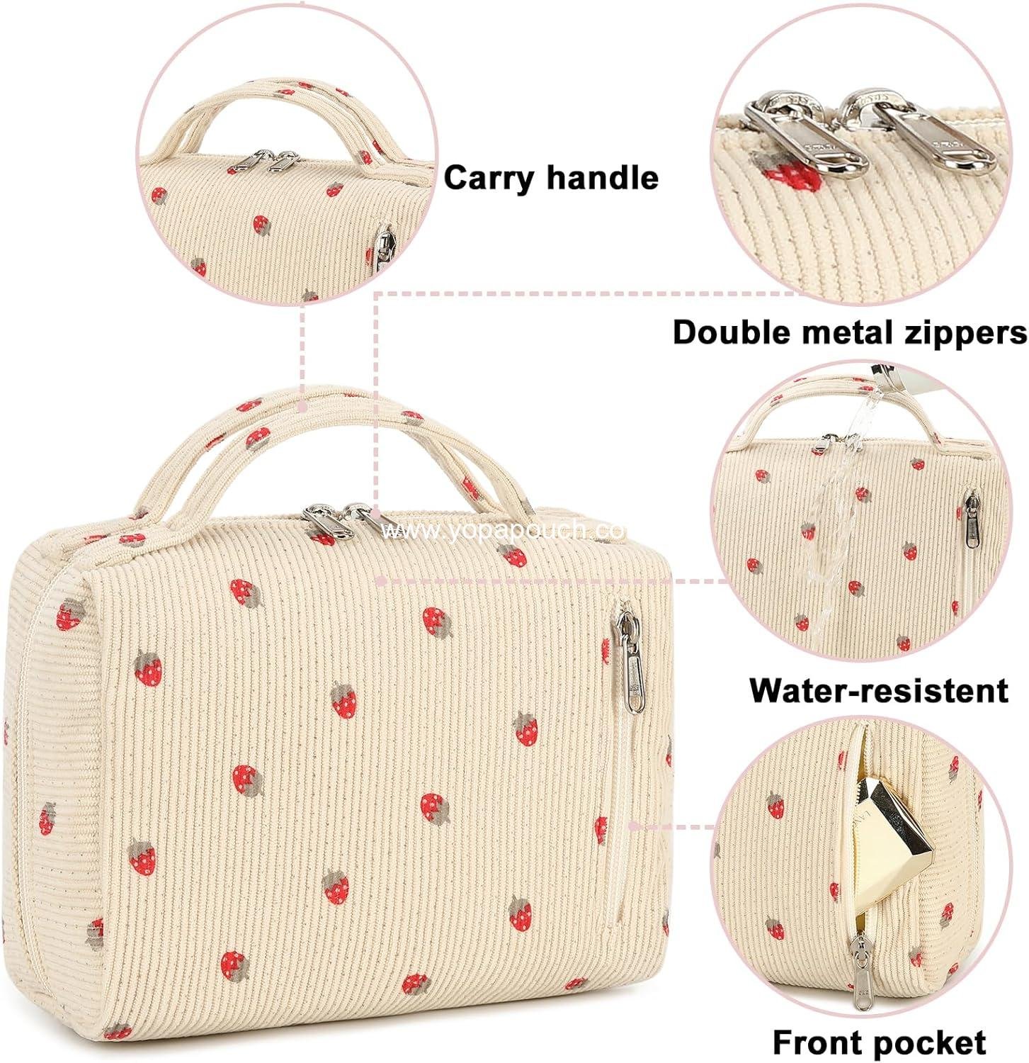 Wholesale Portable Cosmetic Bag Organizer for Women and Girls - Zipper Pouch Travel Toiletry Bag in Strawberry Corduroy Beige - Supplier