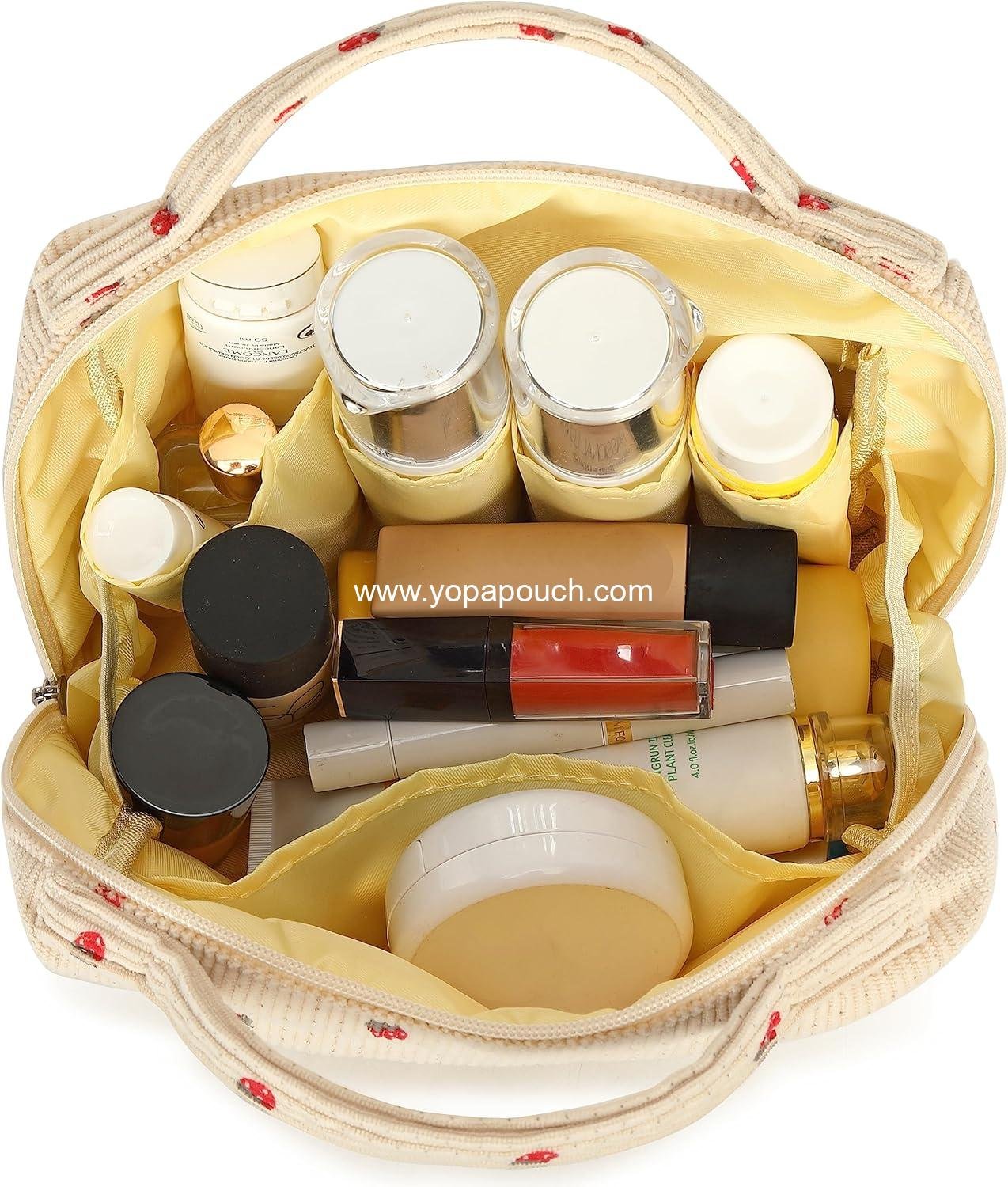Wholesale Portable Cosmetic Bag Organizer for Women and Girls - Zipper Pouch Travel Toiletry Bag in Strawberry Corduroy Beige - Supplier
