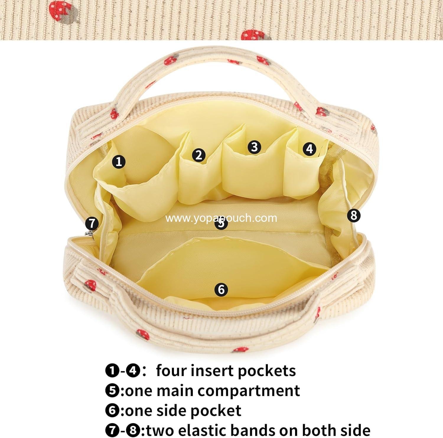 Wholesale Portable Cosmetic Bag Organizer for Women and Girls - Zipper Pouch Travel Toiletry Bag in Strawberry Corduroy Beige - Supplier