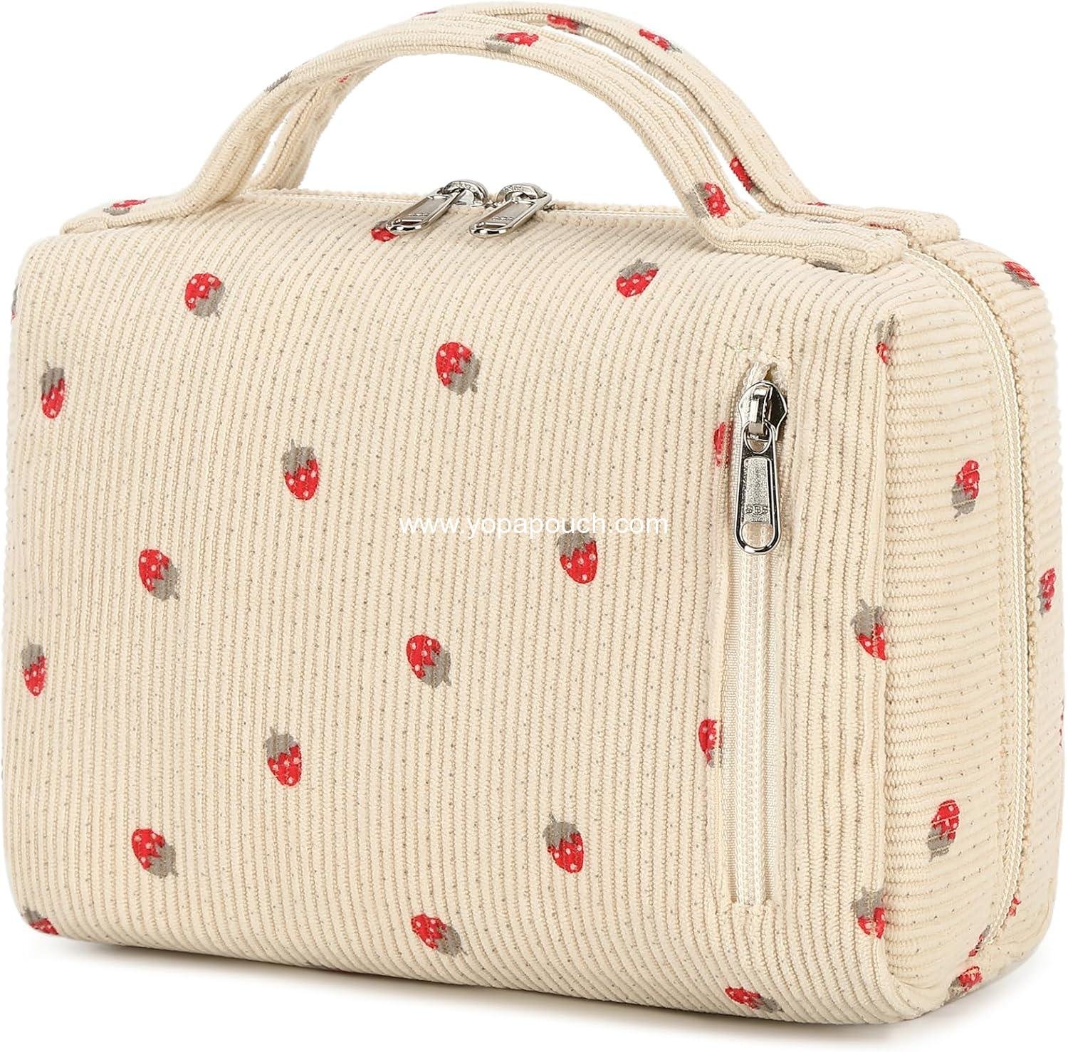 Wholesale Portable Cosmetic Bag Organizer for Women and Girls - Zipper Pouch Travel Toiletry Bag in Strawberry Corduroy Beige - Supplier