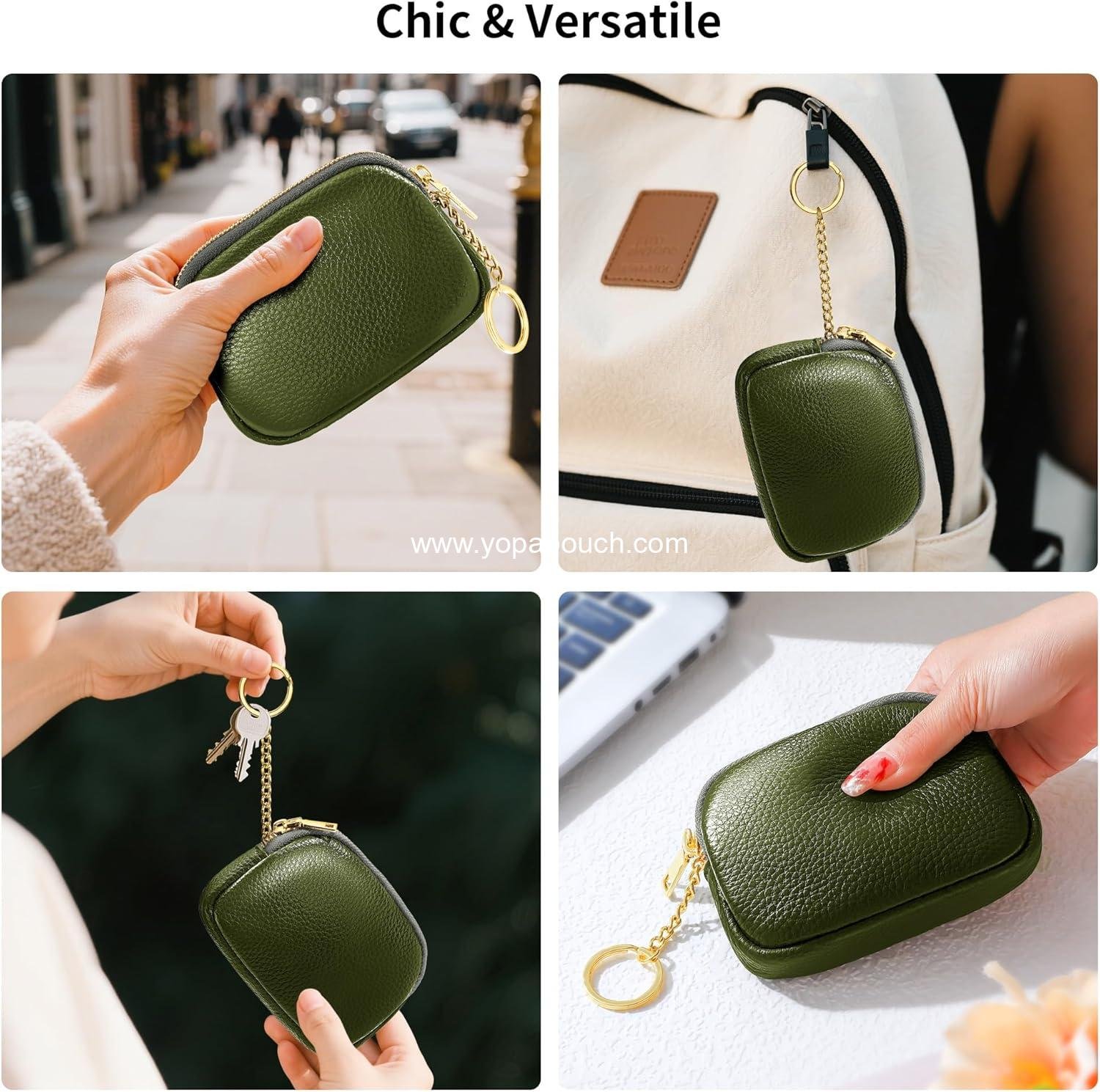 OEM Mini Coin Purse Wallet for Women, Small Zippered Change Pouch with Keychain - Green, Supplier