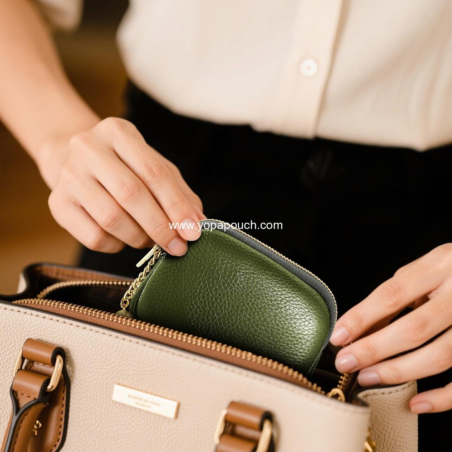 OEM Mini Coin Purse Wallet for Women, Small Zippered Change Pouch with Keychain - Green, Supplier