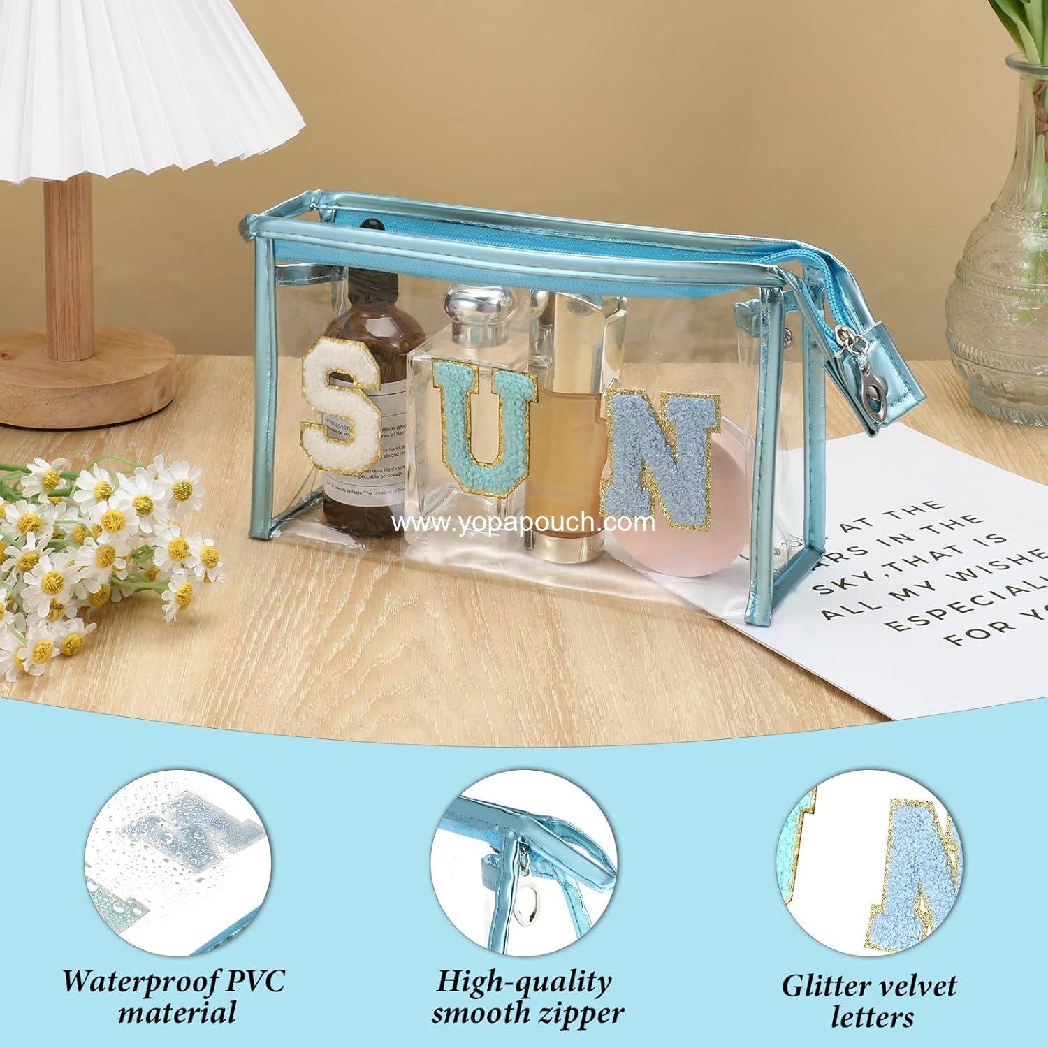 Wholesale Waterproof Sunscreen Pouch with Zipper, Clear Chenille Travel Toiletry Makeup Bag for Women and Girls - Supplier