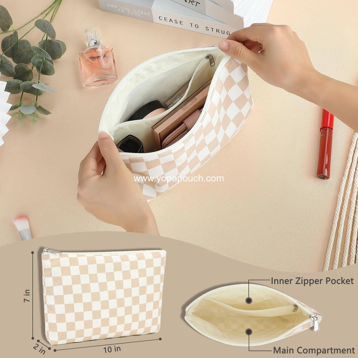 Wholesale Checkered Makeup Bag Travel Cosmetic Organizer with Zipper & Compartments for Women Girls - Manufacturer