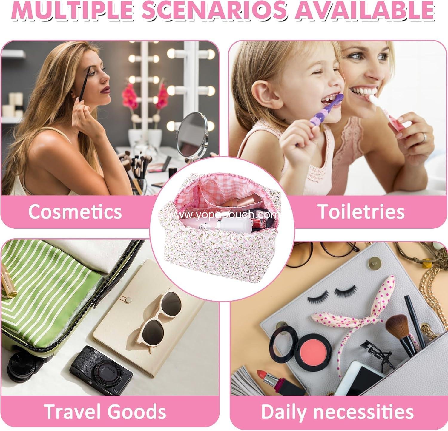 Wholesale Quilted Makeup Bag Floral Large Cosmetic Organizer Cotton Puffy Travel Pouch Aesthetic Portable Zipper Toiletry Storage for Women Girls (Pink) Supplier