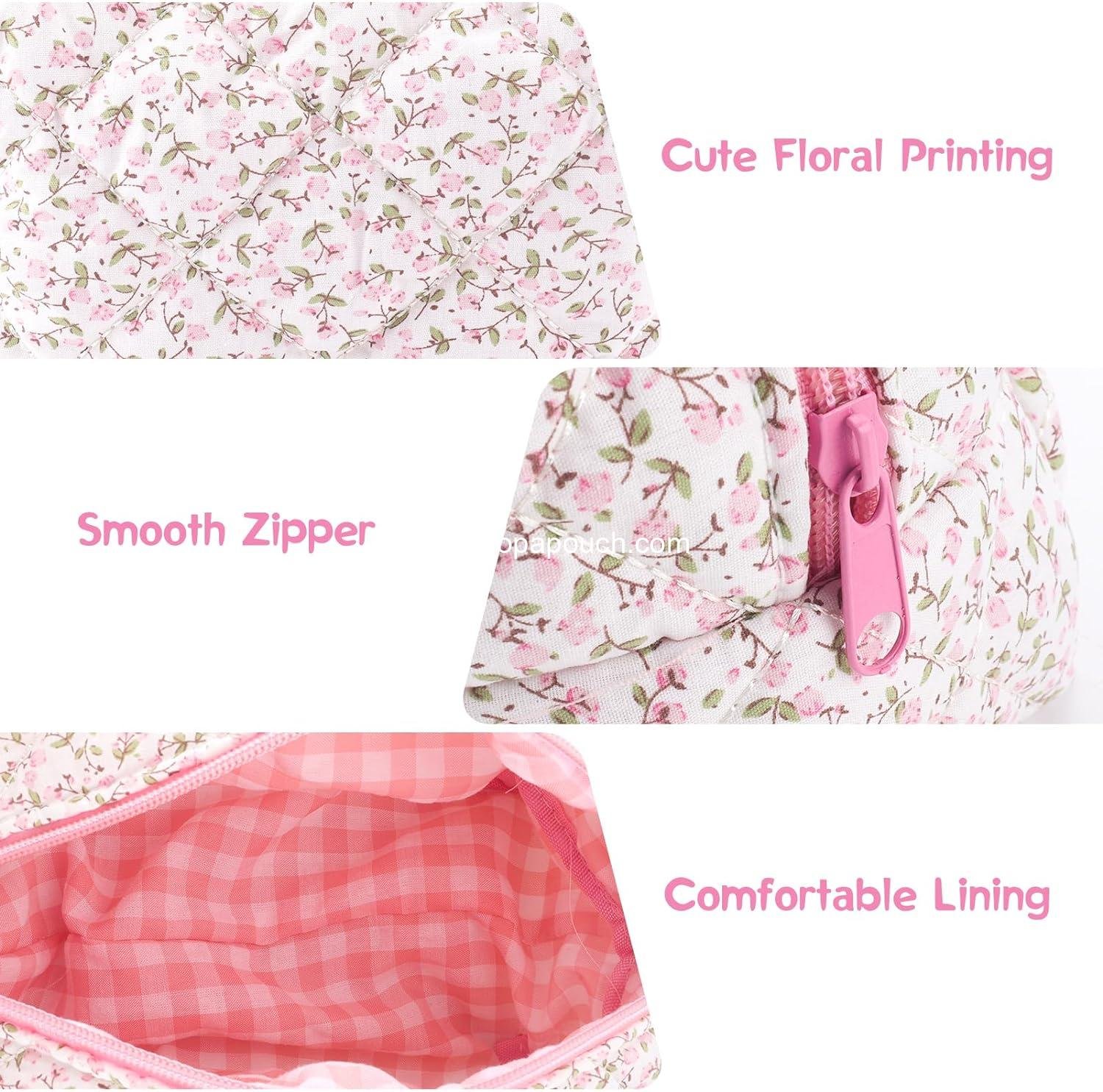 Wholesale Quilted Makeup Bag Floral Large Cosmetic Organizer Cotton Puffy Travel Pouch Aesthetic Portable Zipper Toiletry Storage for Women Girls (Pink) Supplier