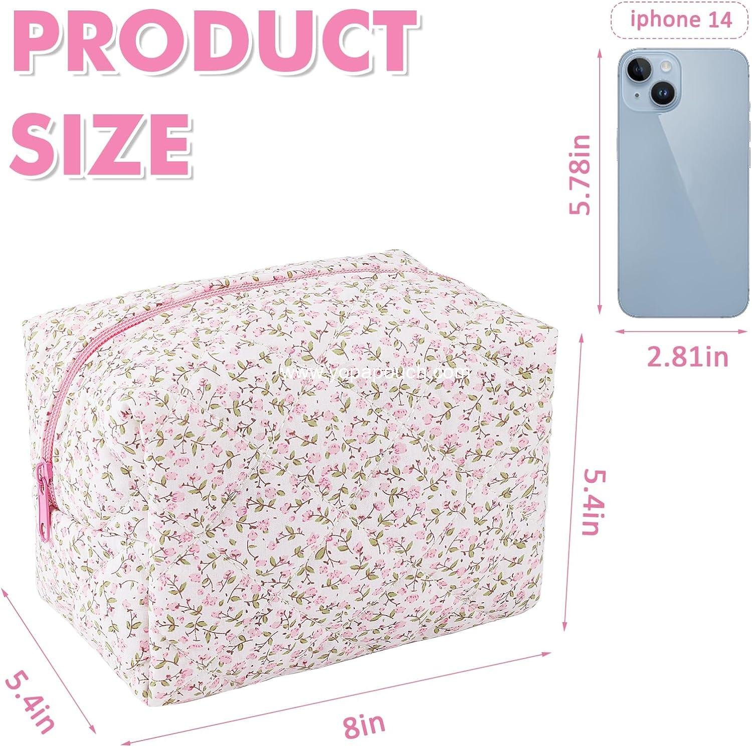 Wholesale Quilted Makeup Bag Floral Large Cosmetic Organizer Cotton Puffy Travel Pouch Aesthetic Portable Zipper Toiletry Storage for Women Girls (Pink) Supplier