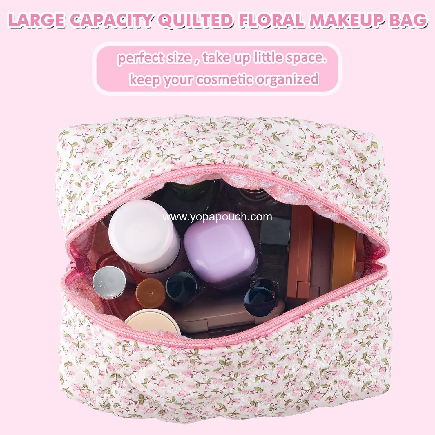 Wholesale Quilted Makeup Bag Floral Large Cosmetic Organizer Cotton Puffy Travel Pouch Aesthetic Portable Zipper Toiletry Storage for Women Girls (Pink) Supplier