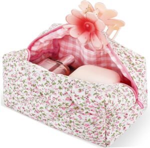 Quilted Makeup Bag Floral Large Cute Cosmetic Bag Cotton Puffy Makeup Organizer Coquette Travel Makeup Pouch Aesthetic Portable Zipper Toiletry Storage Bag for Women Girls (Pink)