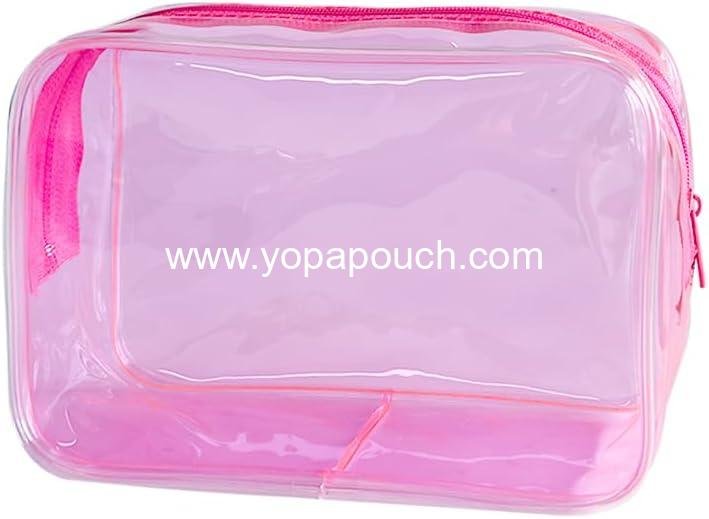 Neon Clear Pouch Small Makeup Bag, 7"x2.3"x4.7" Size TSA Approved Toiletry Bag, PVC Travel Bags for Toiletries, Clear Cosmetic Bag for Women and Men Small (Pink)