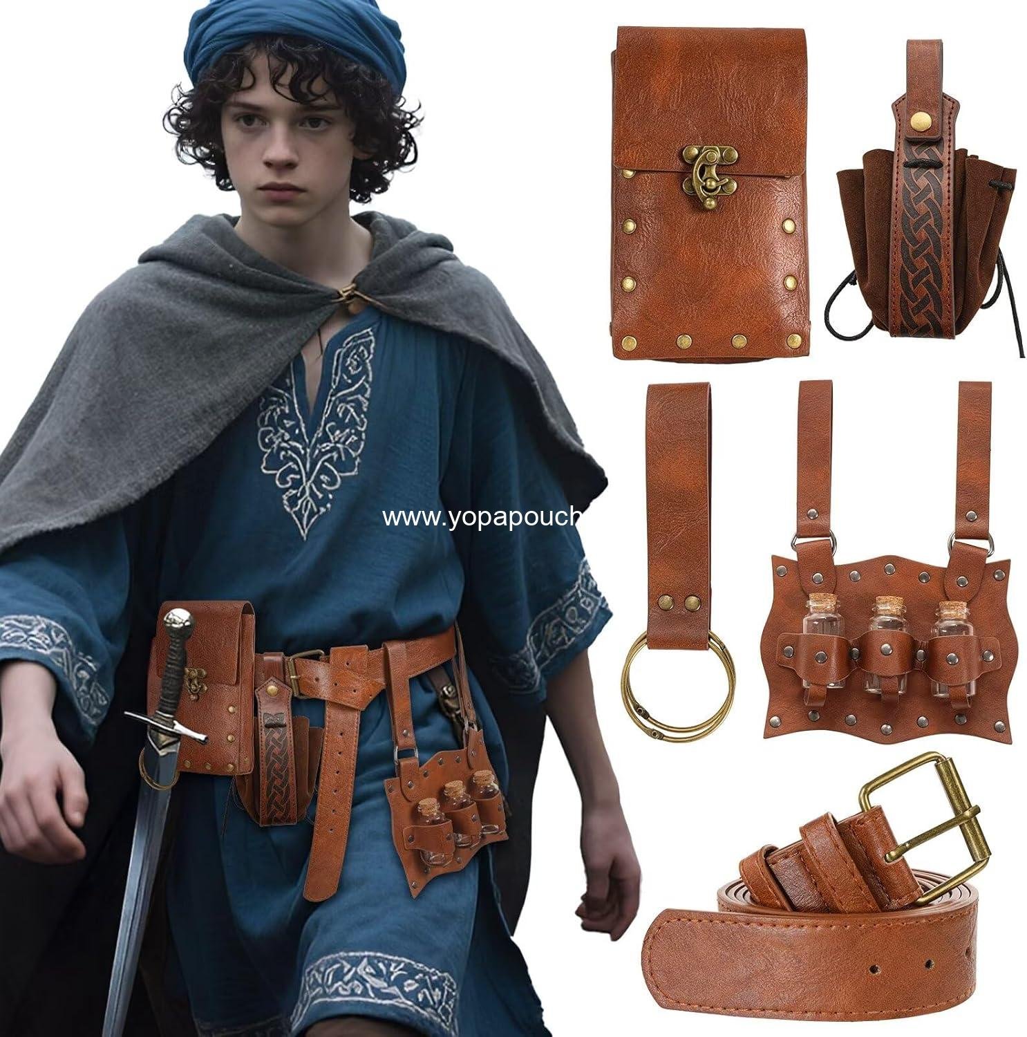 Wholesale Medieval Pirate Leather Belt Pouch for Potion Bottle Costume - Unisex Halloween Accessory (B Brown) Supplier