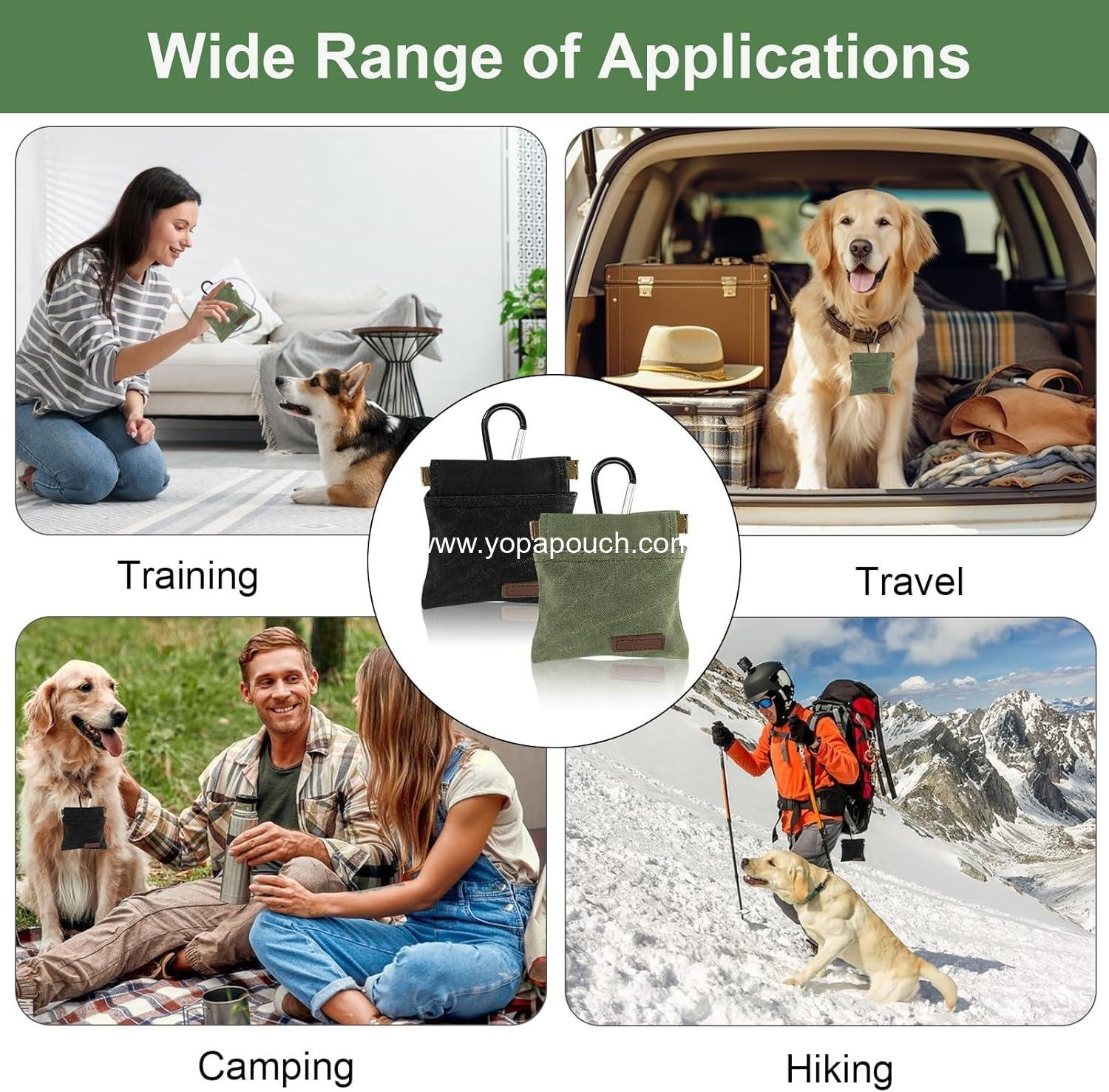 Wholesale Dog Treat Pouch 2Pcs, Portable Auto Closing Bag with Carabiner for Training, Travel, or Outdoor Use Black Green - Supplier