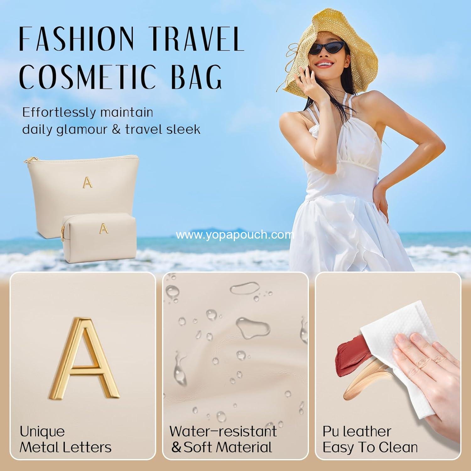 Wholesale Initial Makeup Bag Set for Girls - Personalized Gifts for Bridesmaids, Friends, Graduation, Teachers - PU Leather Cosmetic Travel Toiletry Bag (Beige, A) Supplier