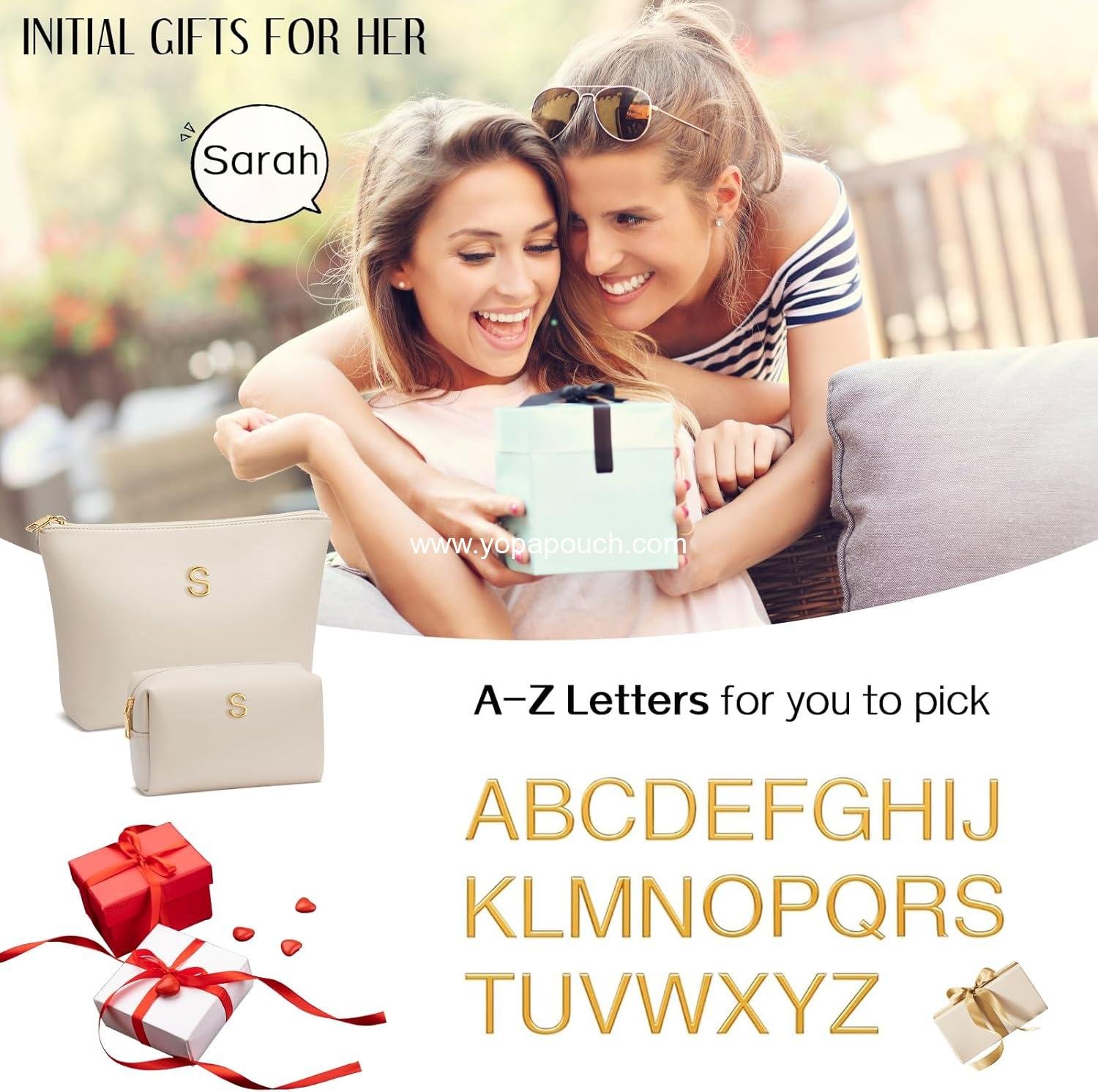 Wholesale Initial Makeup Bag Set for Girls - Personalized Gifts for Bridesmaids, Friends, Graduation, Teachers - PU Leather Cosmetic Travel Toiletry Bag (Beige, A) Supplier