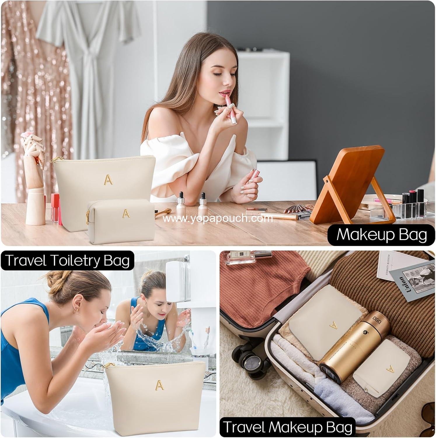 Wholesale Initial Makeup Bag Set for Girls - Personalized Gifts for Bridesmaids, Friends, Graduation, Teachers - PU Leather Cosmetic Travel Toiletry Bag (Beige, A) Supplier