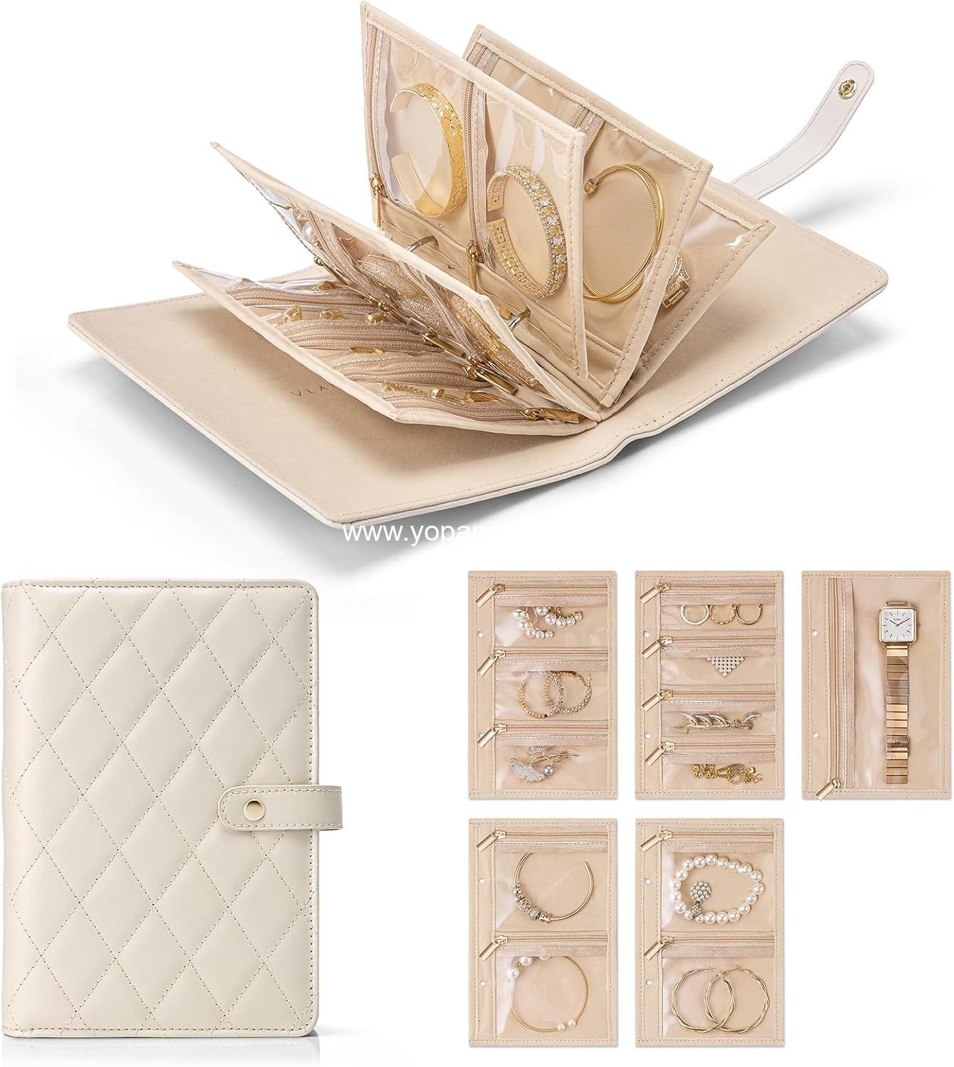 Vlando Travel Jewelry Organizer Case,Jewelry Storage Book Ring Binder with Clear Zipper Velvet Jewelry Pouches Bags for Rings,Necklace,Earrings-Cream White
