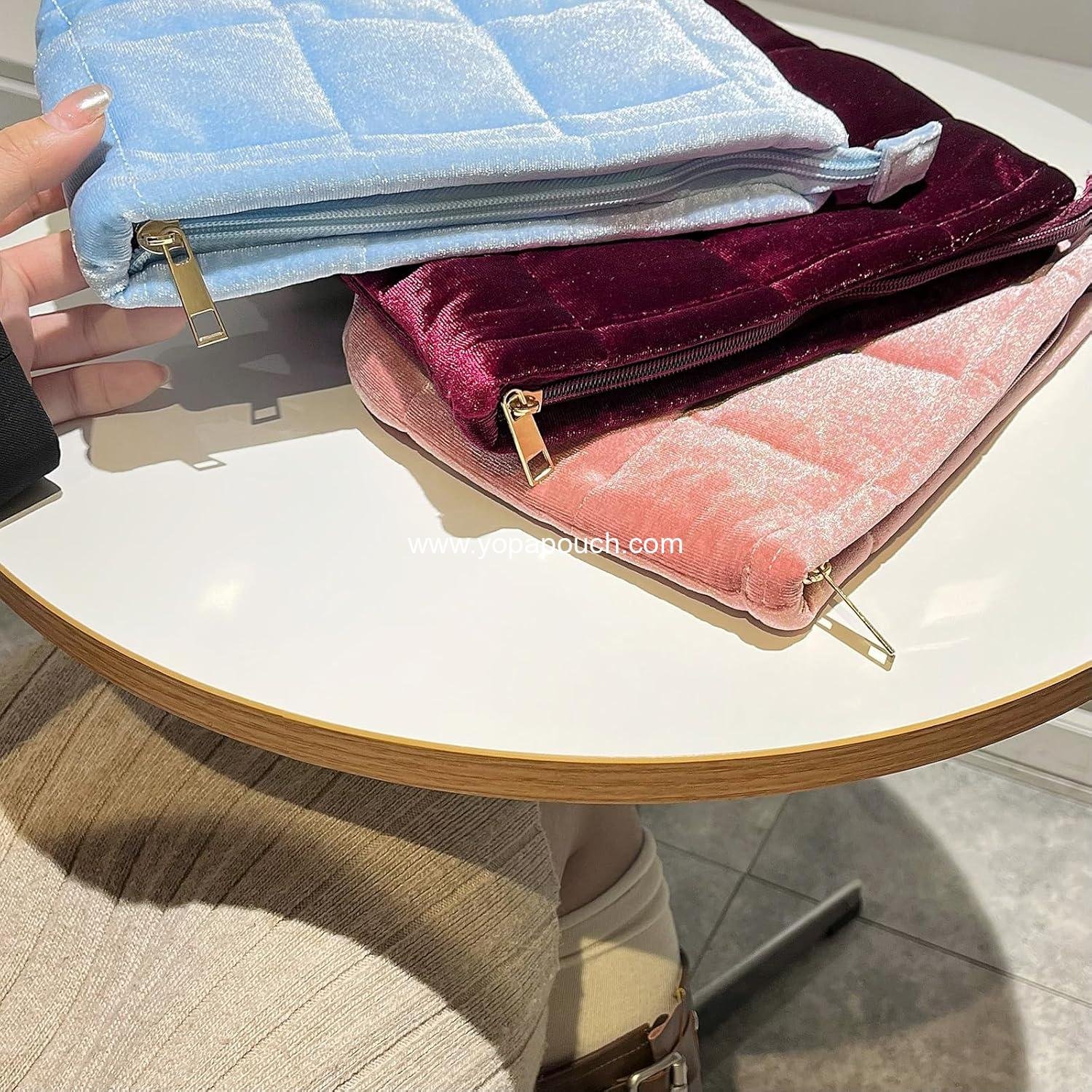 Wholesale Velvet Cosmetic Makeup Bag for Women, Cute Puffy Organizer, Small Travel Toiletry Skincare Pouch Aesthetic Luxury (Wine Red) Supplier