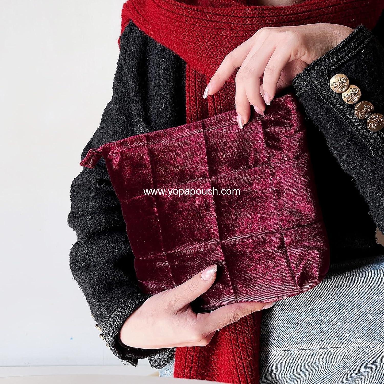 Wholesale Velvet Cosmetic Makeup Bag for Women, Cute Puffy Organizer, Small Travel Toiletry Skincare Pouch Aesthetic Luxury (Wine Red) Supplier