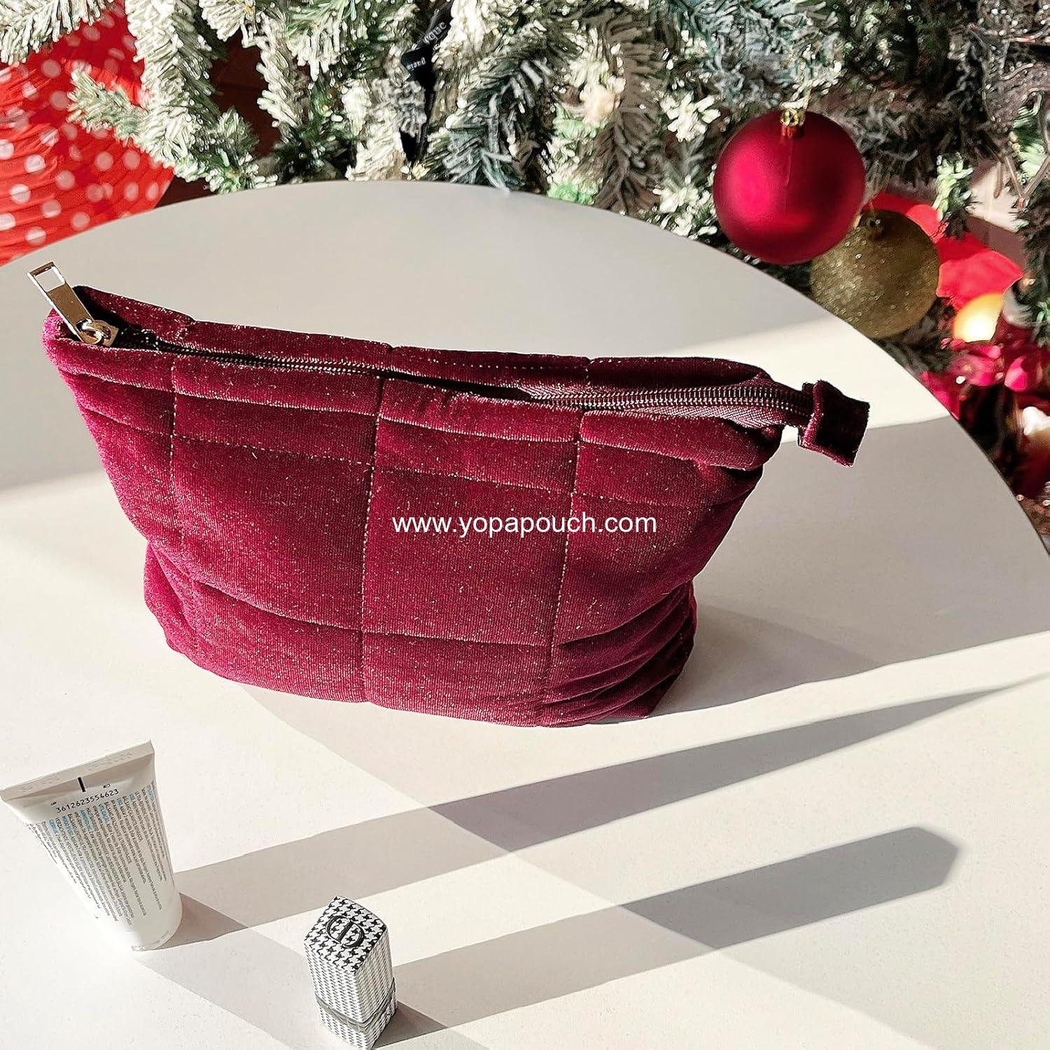 Wholesale Velvet Cosmetic Makeup Bag for Women, Cute Puffy Organizer, Small Travel Toiletry Skincare Pouch Aesthetic Luxury (Wine Red) Supplier