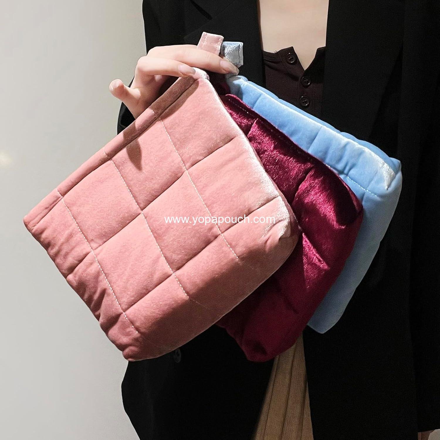 Wholesale Velvet Cosmetic Makeup Bag for Women, Cute Puffy Organizer, Small Travel Toiletry Skincare Pouch Aesthetic Luxury (Wine Red) Supplier