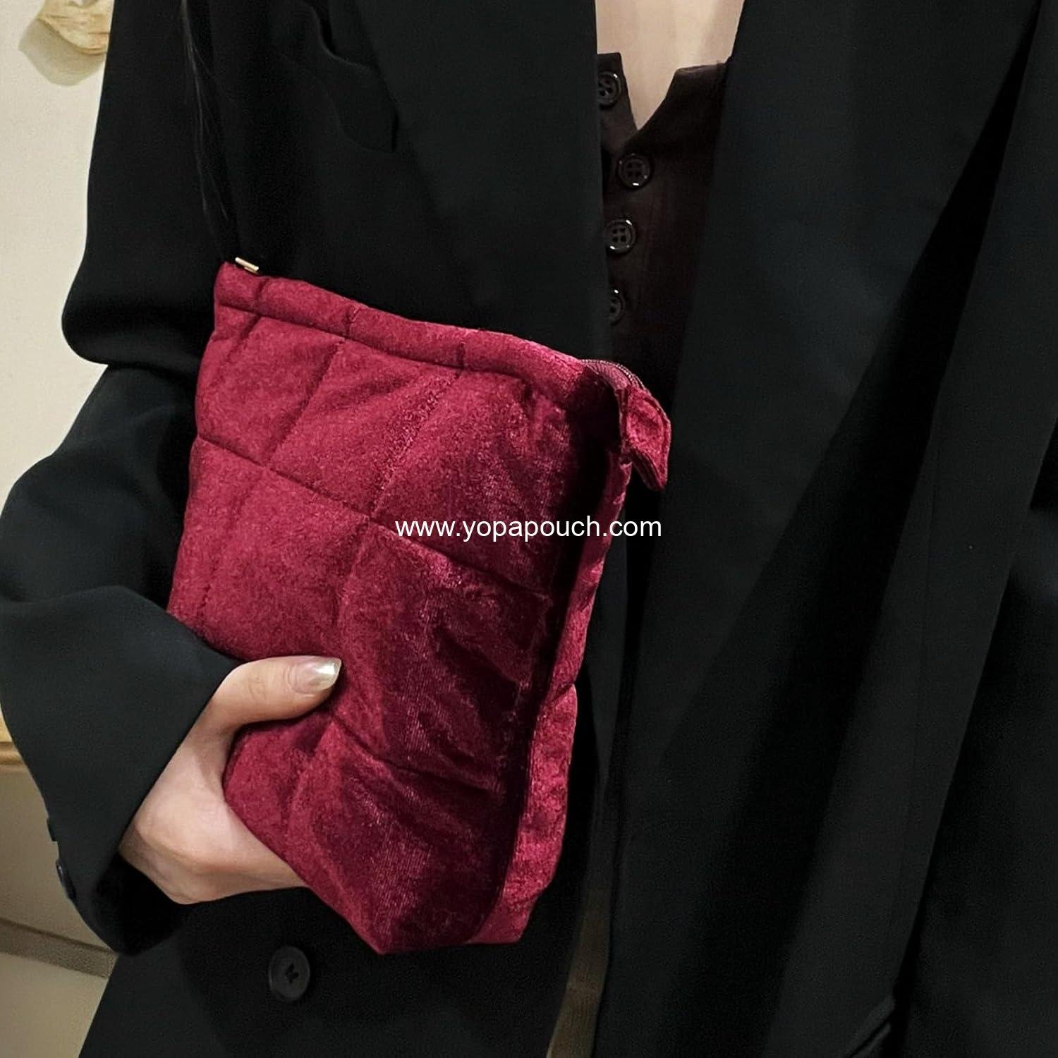 Wholesale Velvet Cosmetic Makeup Bag for Women, Cute Puffy Organizer, Small Travel Toiletry Skincare Pouch Aesthetic Luxury (Wine Red) Supplier