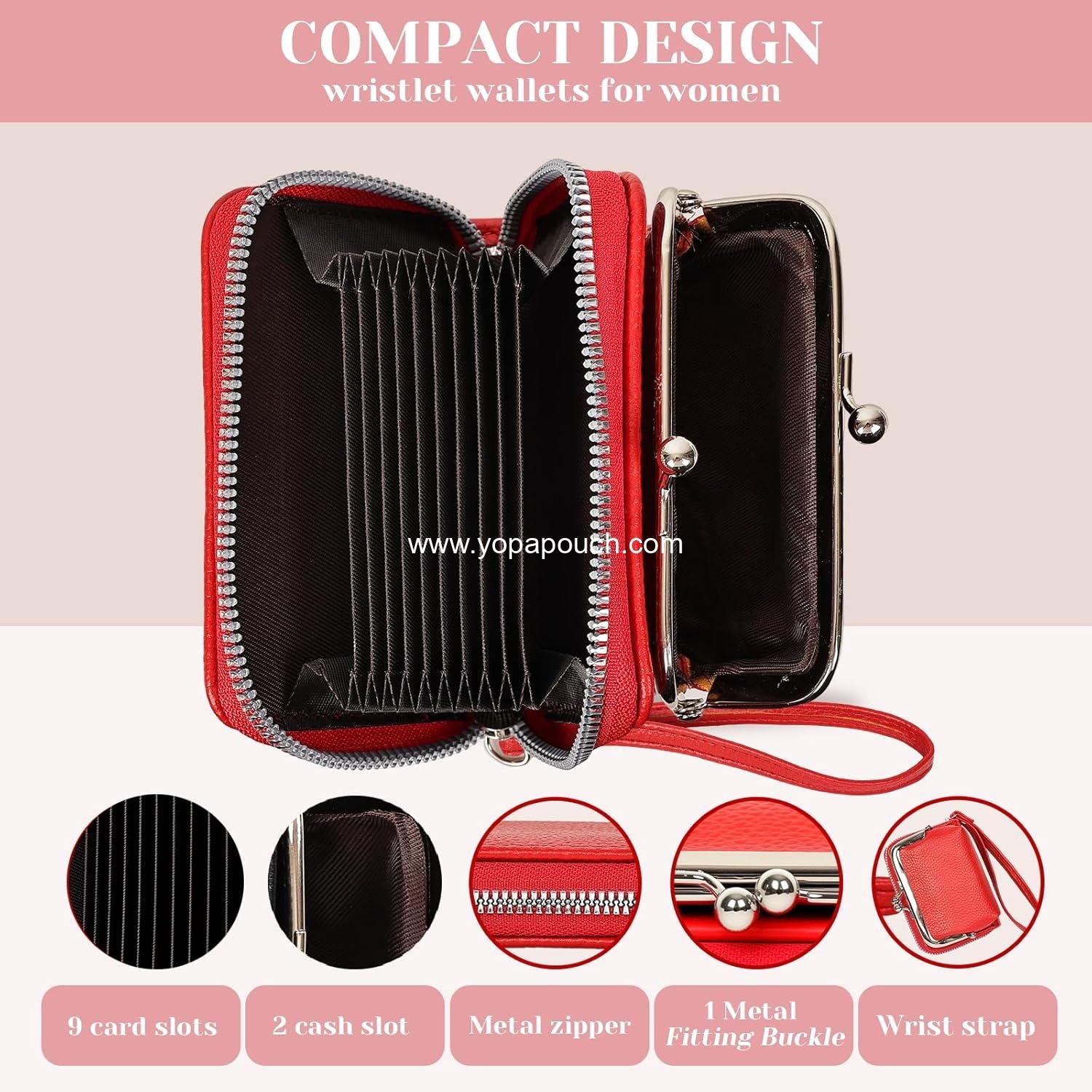 OEM Women's RFID Blocking Zip-Around Wristlet Wallet with Coin Purse and Card Slots - Vegan Leather with Secure Clasp (Gift Ready) (Red) - Supplier