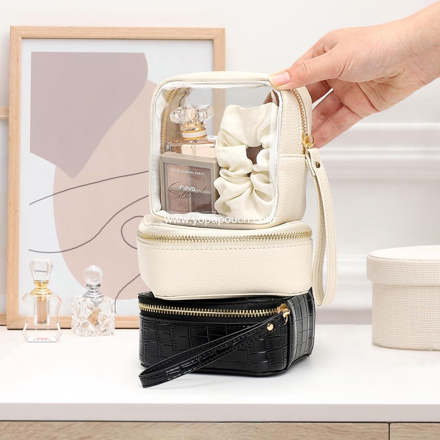 OEM Small Clear Makeup Bag - PU Leather Travel Toiletries Mini Cosmetic Purse for Women Essentials Daily Use (Beige Mini) Supplier