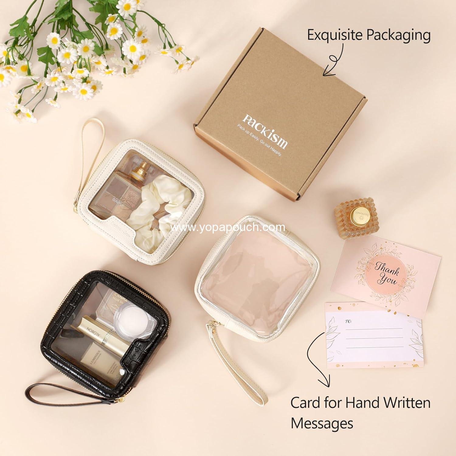 OEM Small Clear Makeup Bag - PU Leather Travel Toiletries Mini Cosmetic Purse for Women Essentials Daily Use (Beige Mini) Supplier