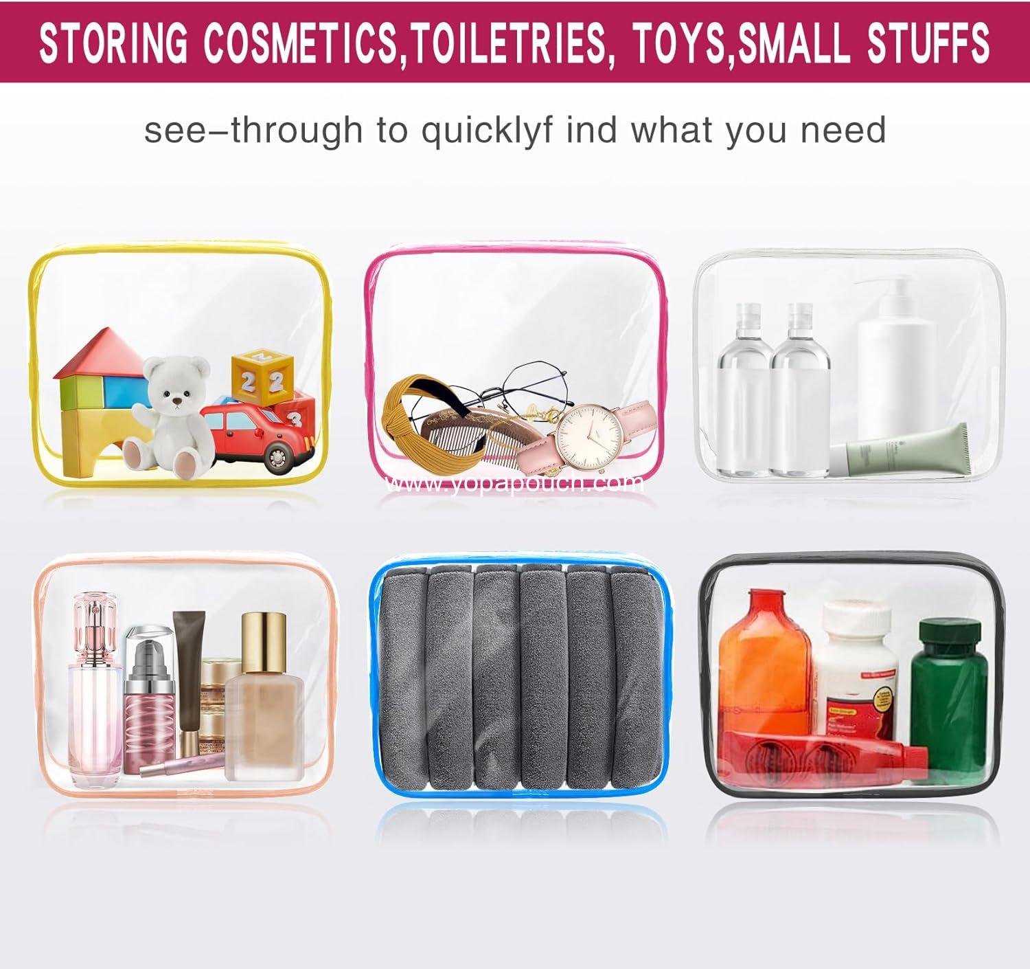 Wholesale 6 Pack Clear Travel Toiletry Makeup Bags, TSA Approved Quart Size Cosmetic Bags with Zippers for Women and Men, Carry-On Airline Compliant, 6 Colors Supplier