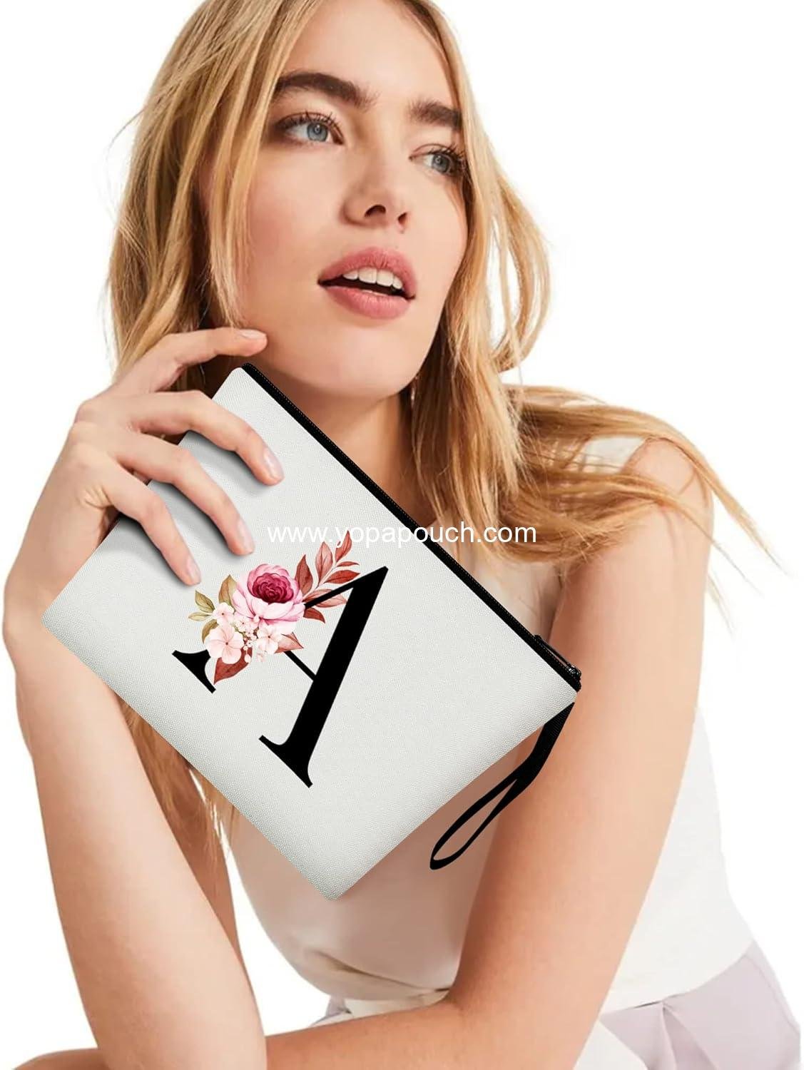 Wholesale A-Z Personalized Makeup Bag for Women, Birthday Gifts for Mom, Best Friend, Bride, Bridesmaid Cosmetic Bag (A, White) Supplier