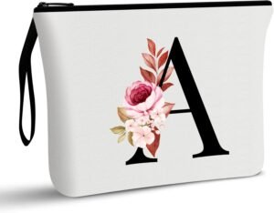 Vavabox A-Z Personalized Makeup Bag, Birthday Gifts for Women Mom, Gifts for Best Friend, Bride Bridesmaid Cosmetic bag (A, White)