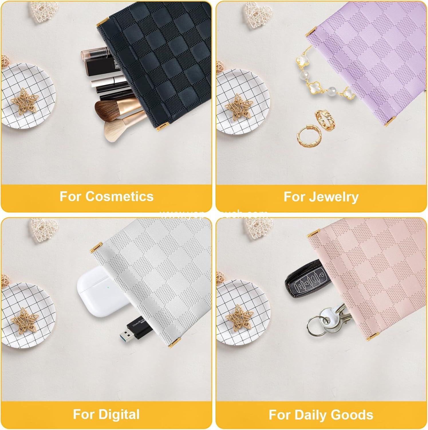 OEM 4 PCS Small Makeup Bags for Women - Mini Checkered Waterproof Pouches for Travel, Storage, and Cosmetics in 4 Colors - Ideal for Jewelry, Headphones, Lipstick, and Coins | Supplier