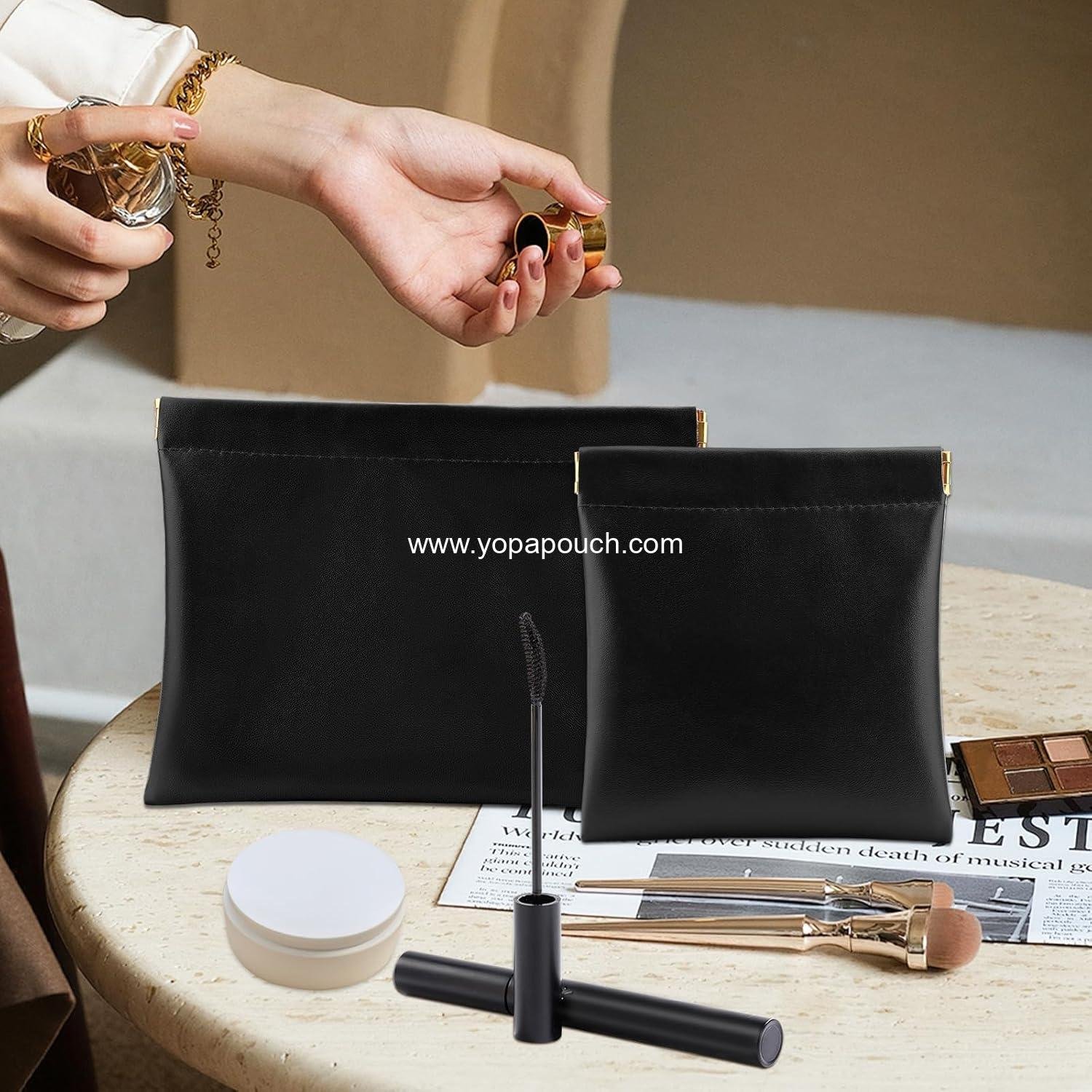 Wholesale Small Makeup Bag Set – 2 PCS Waterproof Portable Zipperless Organizer for Purse, Lipstick, Coins, and Cosmetics (Black) Supplier