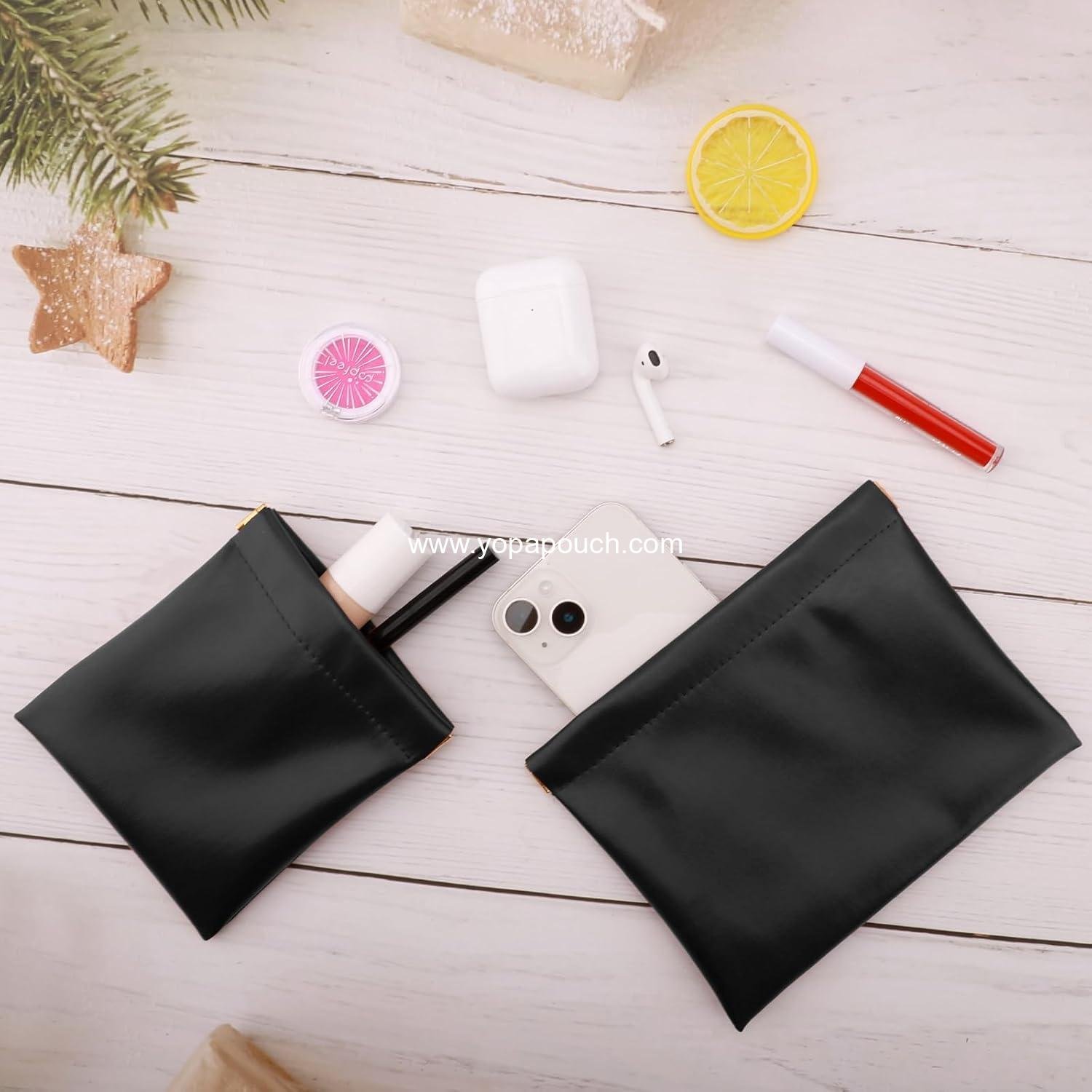 Wholesale Small Makeup Bag Set – 2 PCS Waterproof Portable Zipperless Organizer for Purse, Lipstick, Coins, and Cosmetics (Black) Supplier