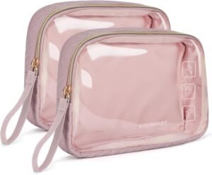BAGSMART TSA Approved Toiletry Bag, 2 Pack Clear Makeup Cosmetic Bag Organizer, Quart Size Travel Bag for Toiletries, Carry-on Travel Accessories Essentials - Pink