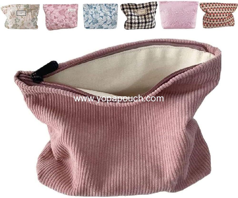 Wholesale Large Capacity Makeup Bag for Women - Travel Toiletry Zipper Storage Pouch and Makeup Brushes Organizer (Corduroy, Pink) - Manufacturer