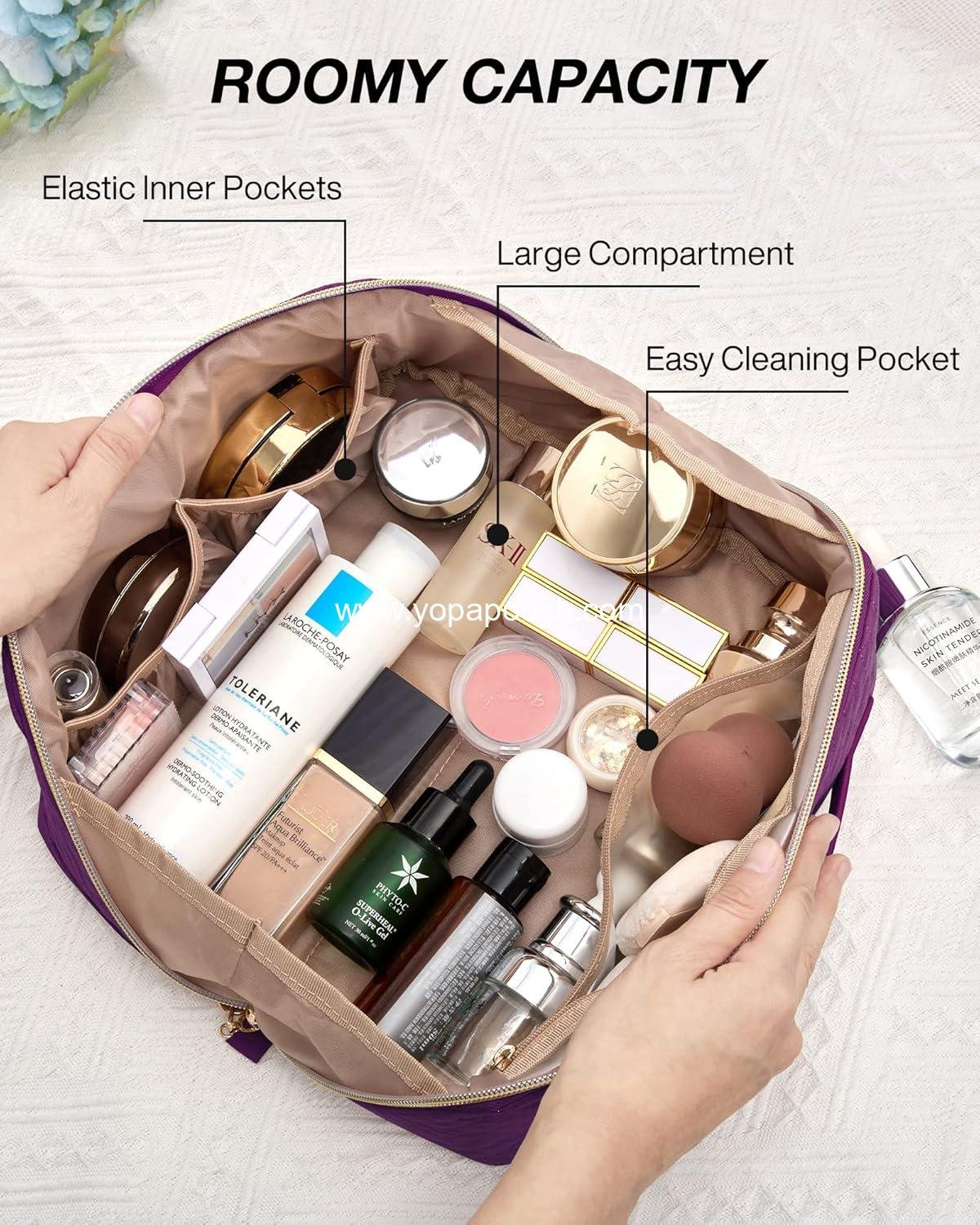 Wholesale Water-Resistant Travel Makeup Bag Open Flat Organizer for Toiletries and Brushes - Purple Supplier