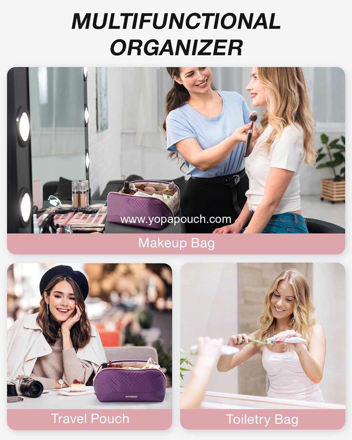 Wholesale Water-Resistant Travel Makeup Bag Open Flat Organizer for Toiletries and Brushes - Purple Supplier