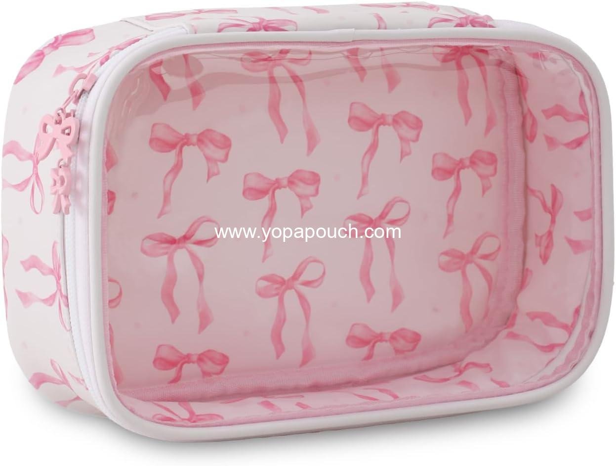 Wholesale Clear Makeup Bag for Women and Girls Small Travel Pink Bow Cosmetic Pouch for Purse Birthday Gifts for Girlfriend Mom Bridesmaid (Pink Bow B) Supplier