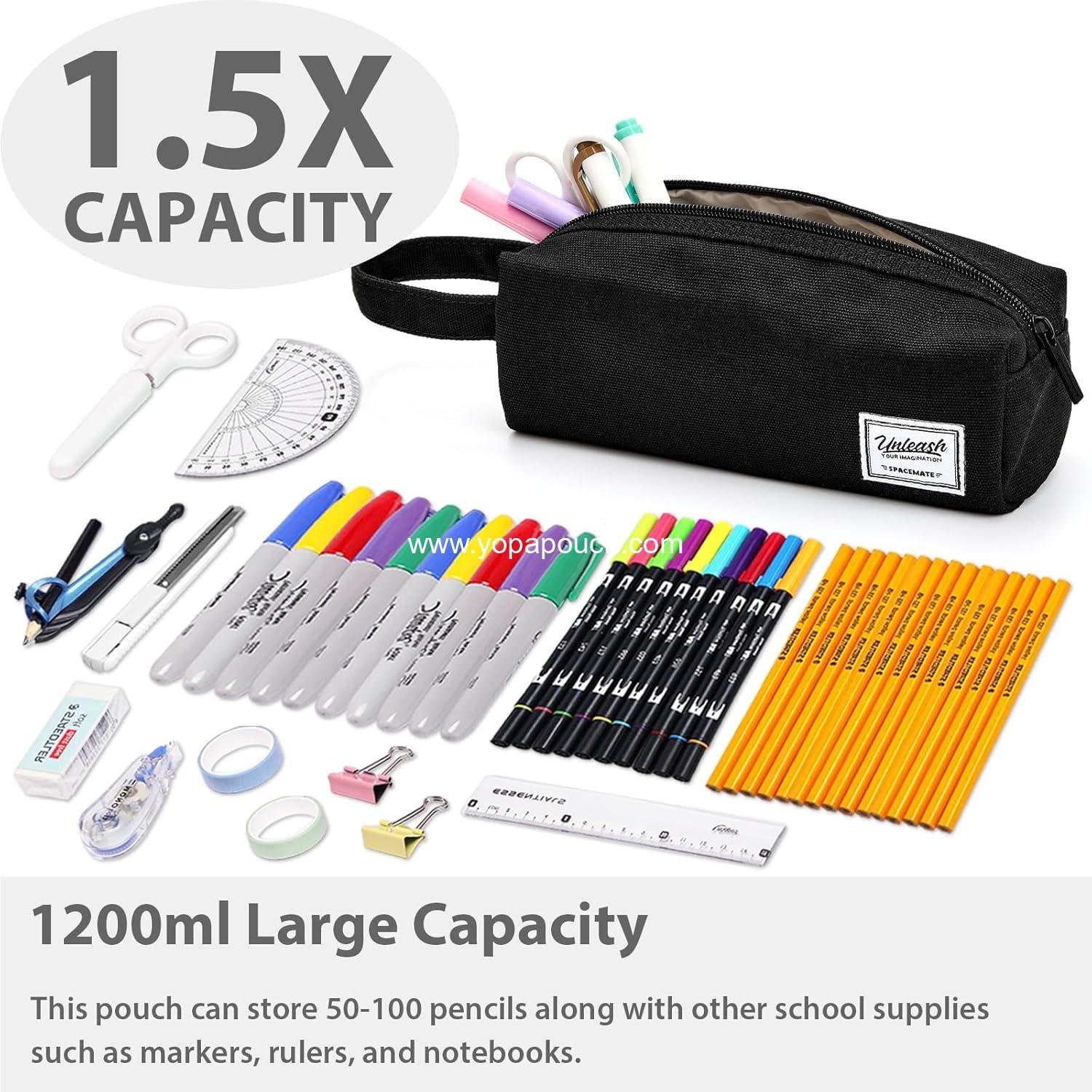 Wholesale Large Capacity Pencil Case Pouch Bag for School Supplies, Cute Preppy Aesthetic Canvas Pen Organizer, Back to College Stationery, Black, 1200ml, Supplier