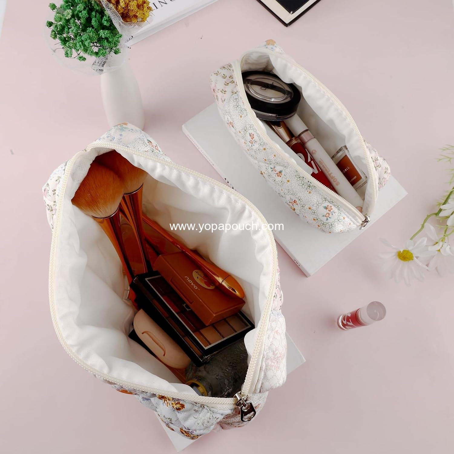 Wholesale 2Pcs Quilted Cotton Makeup Bag Set - Large and Small Pouch for Women, Cute Floral Aesthetic Cosmetic Organizer, Flower Bee Toiletry Storage Zipper Pouch Supplier