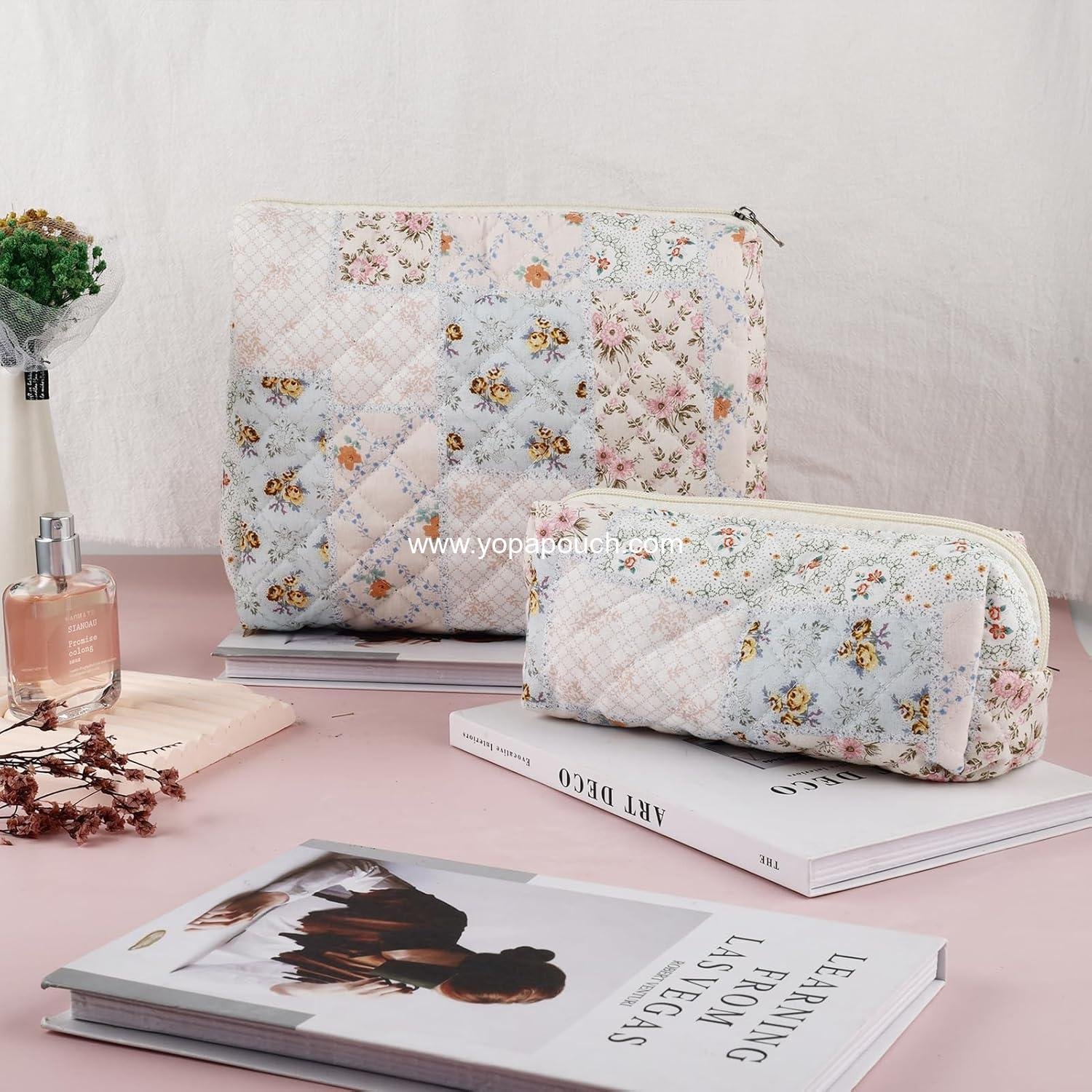 Wholesale 2Pcs Quilted Cotton Makeup Bag Set - Large and Small Pouch for Women, Cute Floral Aesthetic Cosmetic Organizer, Flower Bee Toiletry Storage Zipper Pouch Supplier