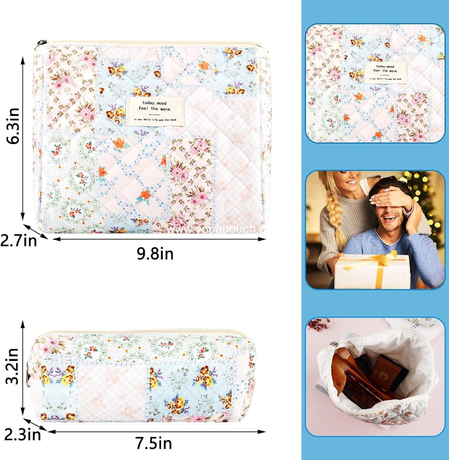 Wholesale 2Pcs Quilted Cotton Makeup Bag Set - Large and Small Pouch for Women, Cute Floral Aesthetic Cosmetic Organizer, Flower Bee Toiletry Storage Zipper Pouch Supplier