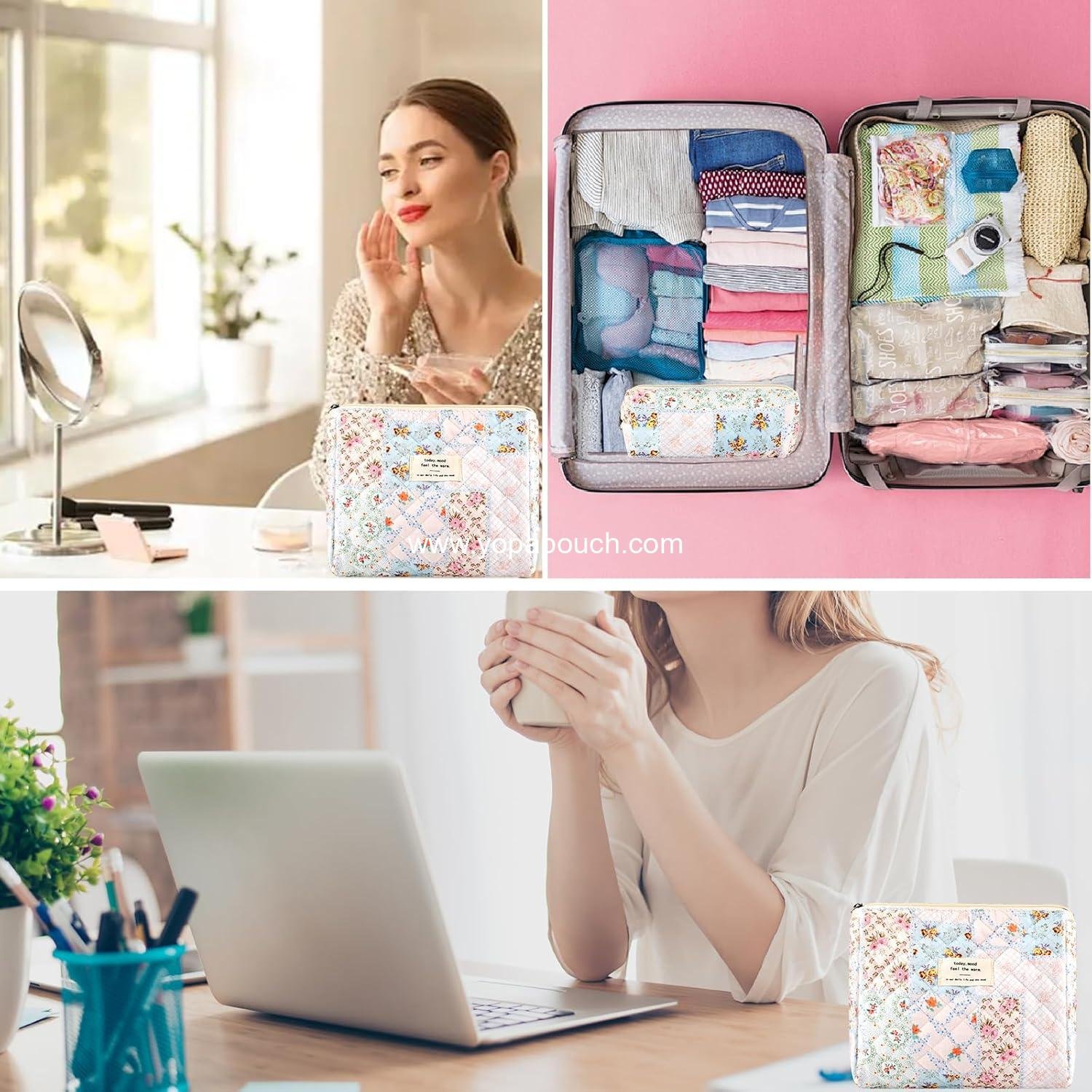 Wholesale 2Pcs Quilted Cotton Makeup Bag Set - Large and Small Pouch for Women, Cute Floral Aesthetic Cosmetic Organizer, Flower Bee Toiletry Storage Zipper Pouch Supplier