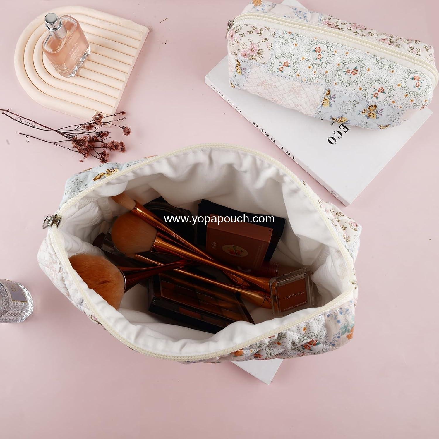 Wholesale 2Pcs Quilted Cotton Makeup Bag Set - Large and Small Pouch for Women, Cute Floral Aesthetic Cosmetic Organizer, Flower Bee Toiletry Storage Zipper Pouch Supplier