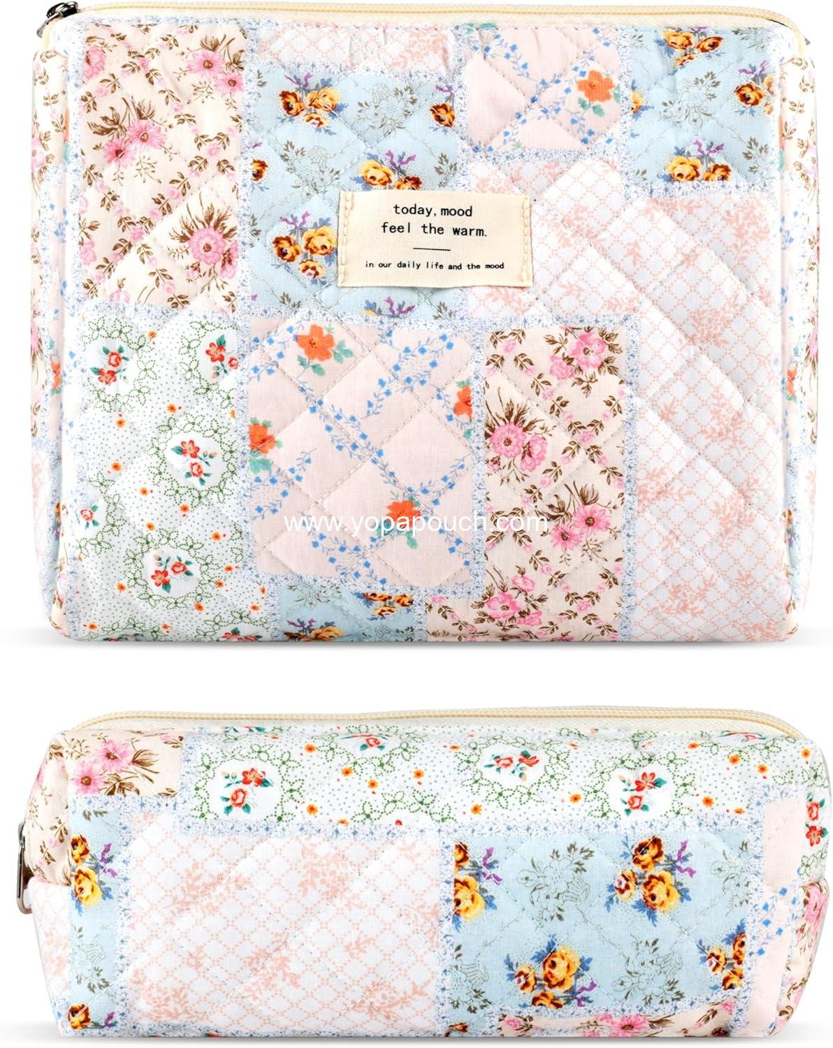 Wholesale 2Pcs Quilted Cotton Makeup Bag Set - Large and Small Pouch for Women, Cute Floral Aesthetic Cosmetic Organizer, Flower Bee Toiletry Storage Zipper Pouch Supplier